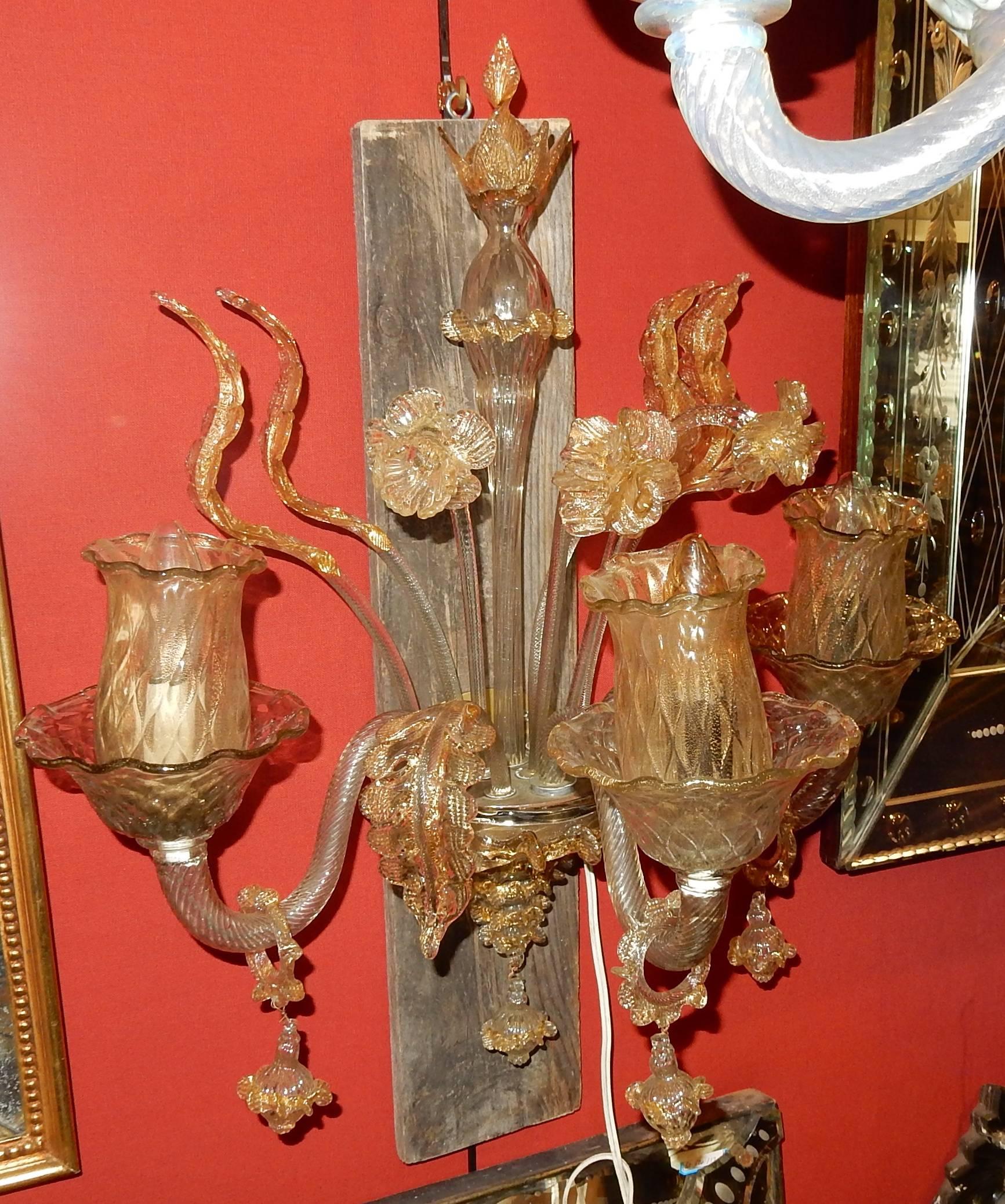 Gilt Pair of Sconces of Light, Crystal of Murano with Gold Inside, 1950-1970 For Sale