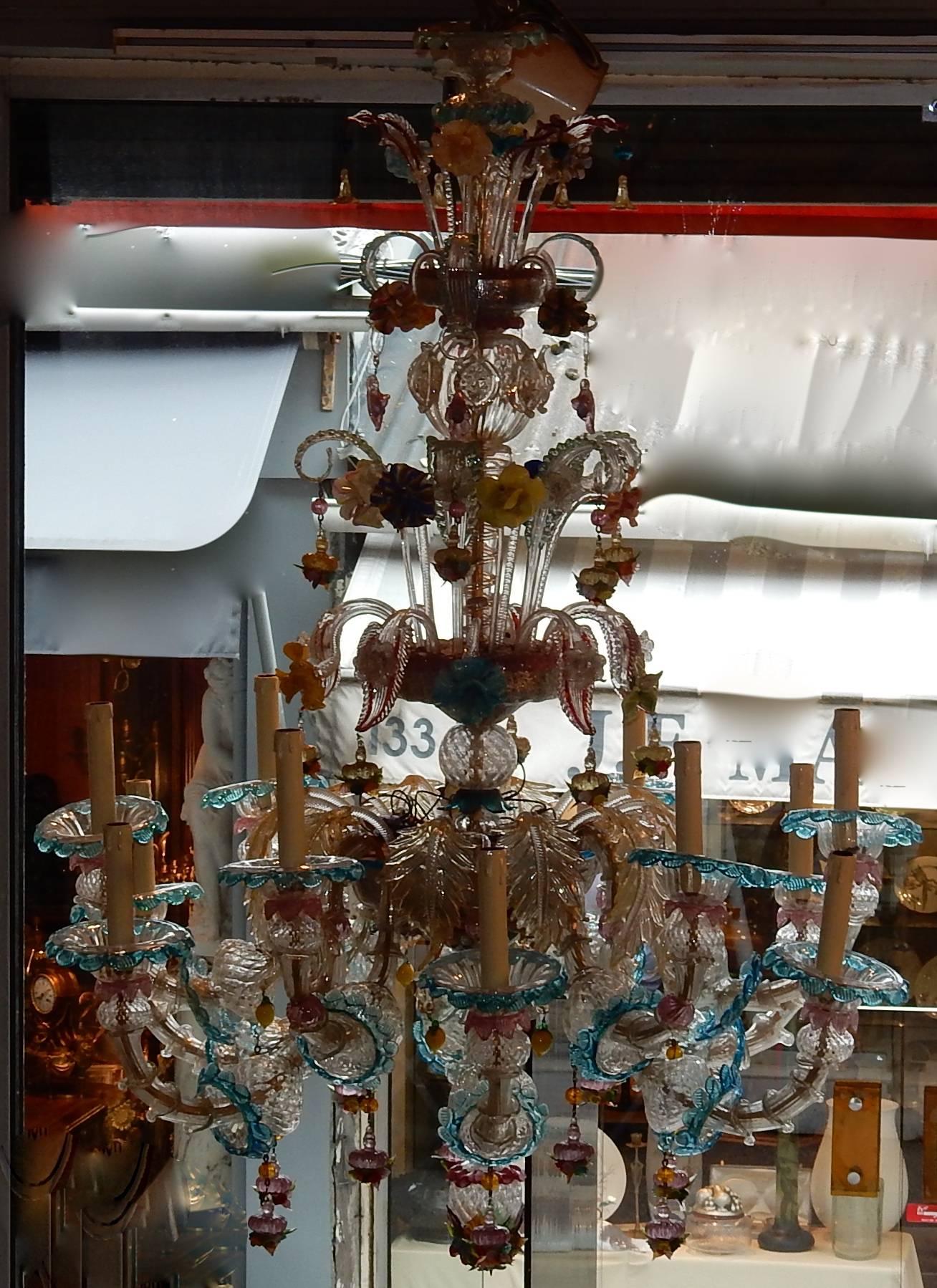 Chandelier Pair of crystal with fruits, flowers and multi-color pieces. Good condition, circa 1970-1980.