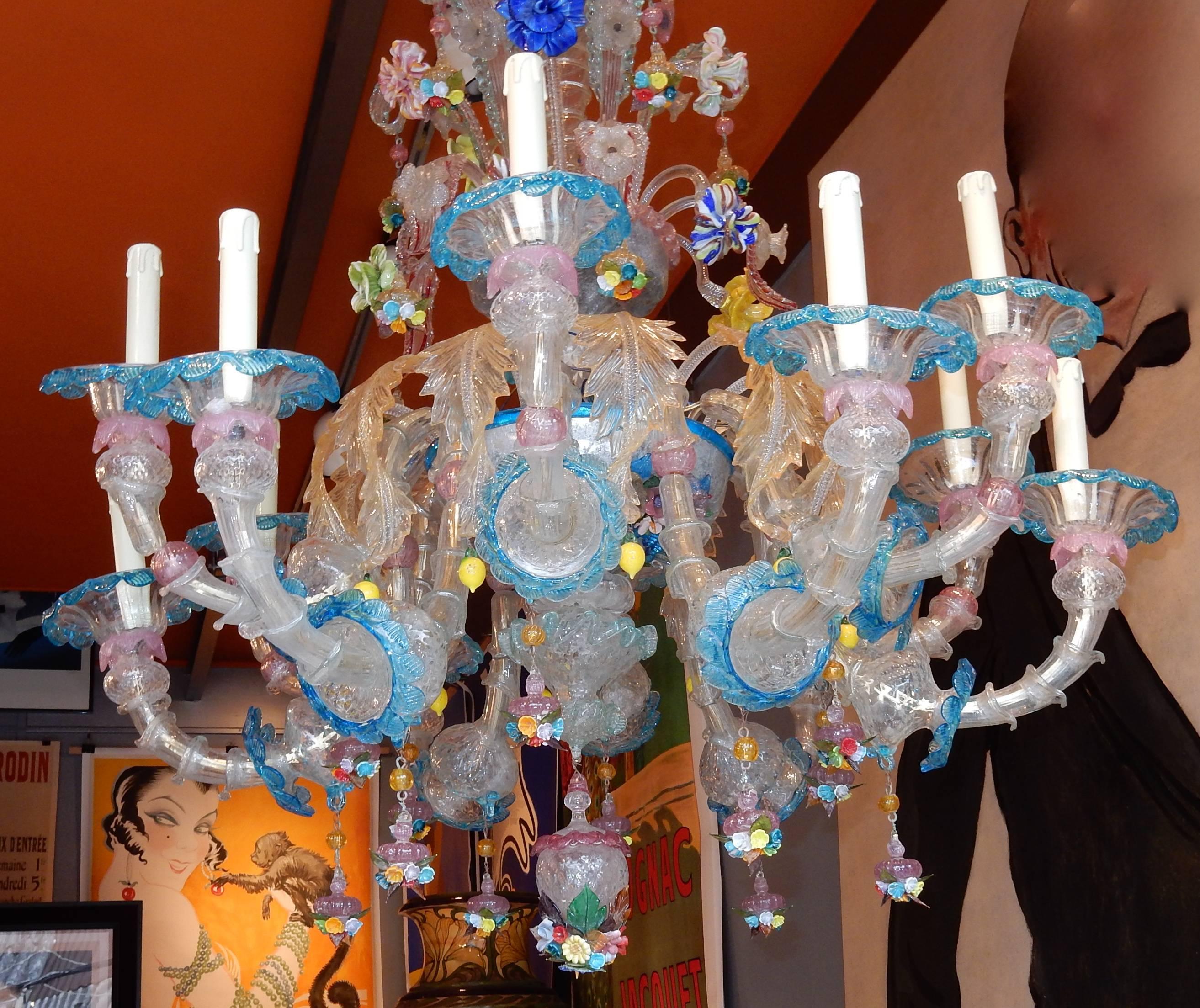 Italian 1970-1980 Chandeliers Pair of Murano Crystal with 12 Lights Arms