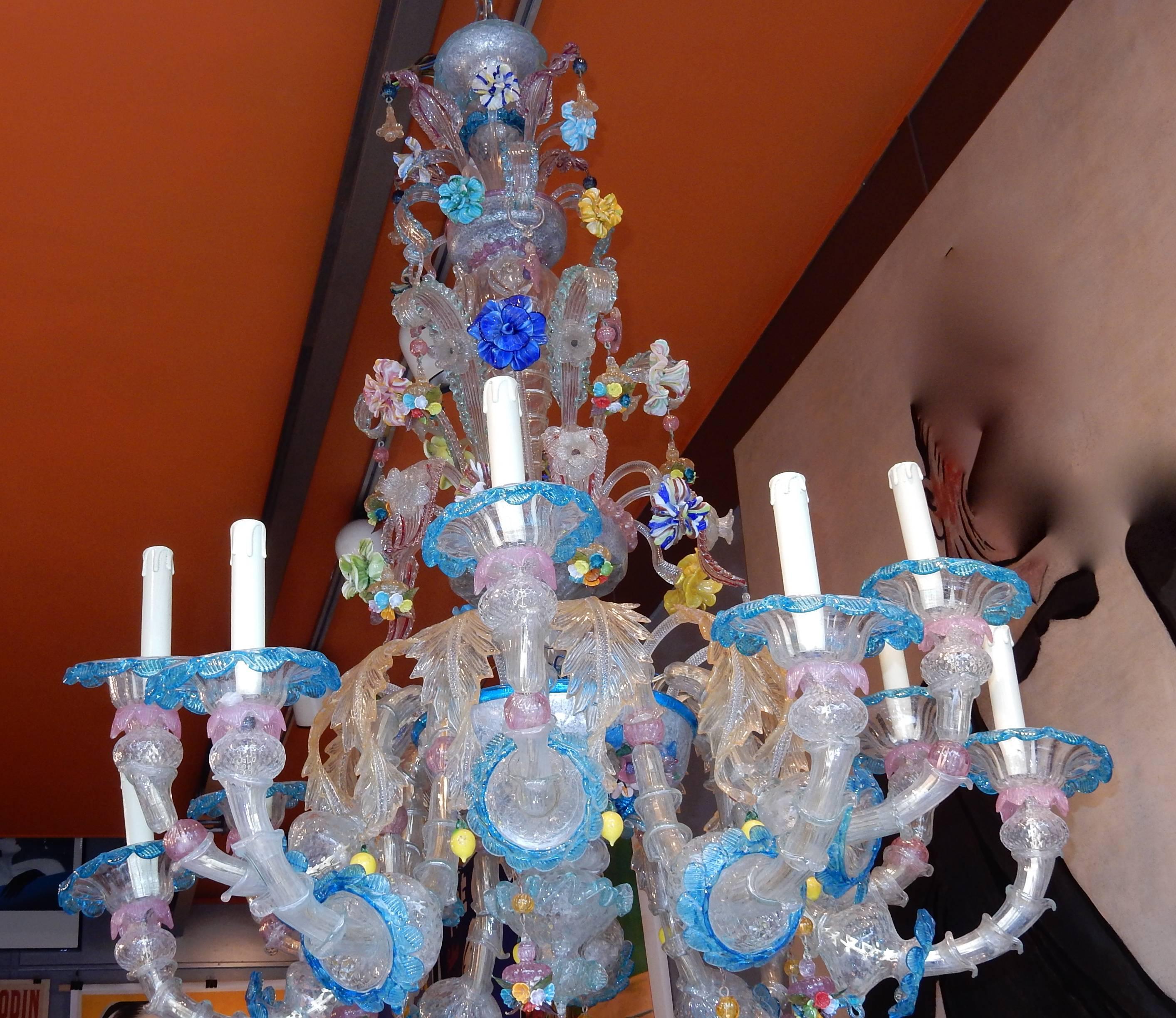 Forged 1970-1980 Chandeliers Pair of Murano Crystal with 12 Lights Arms