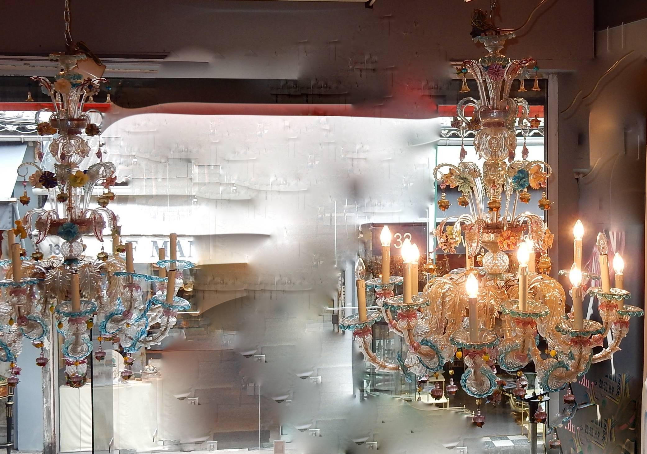 1970-1980 Chandeliers Pair of Murano Crystal with 12 Lights Arms In Good Condition In Paris, FR