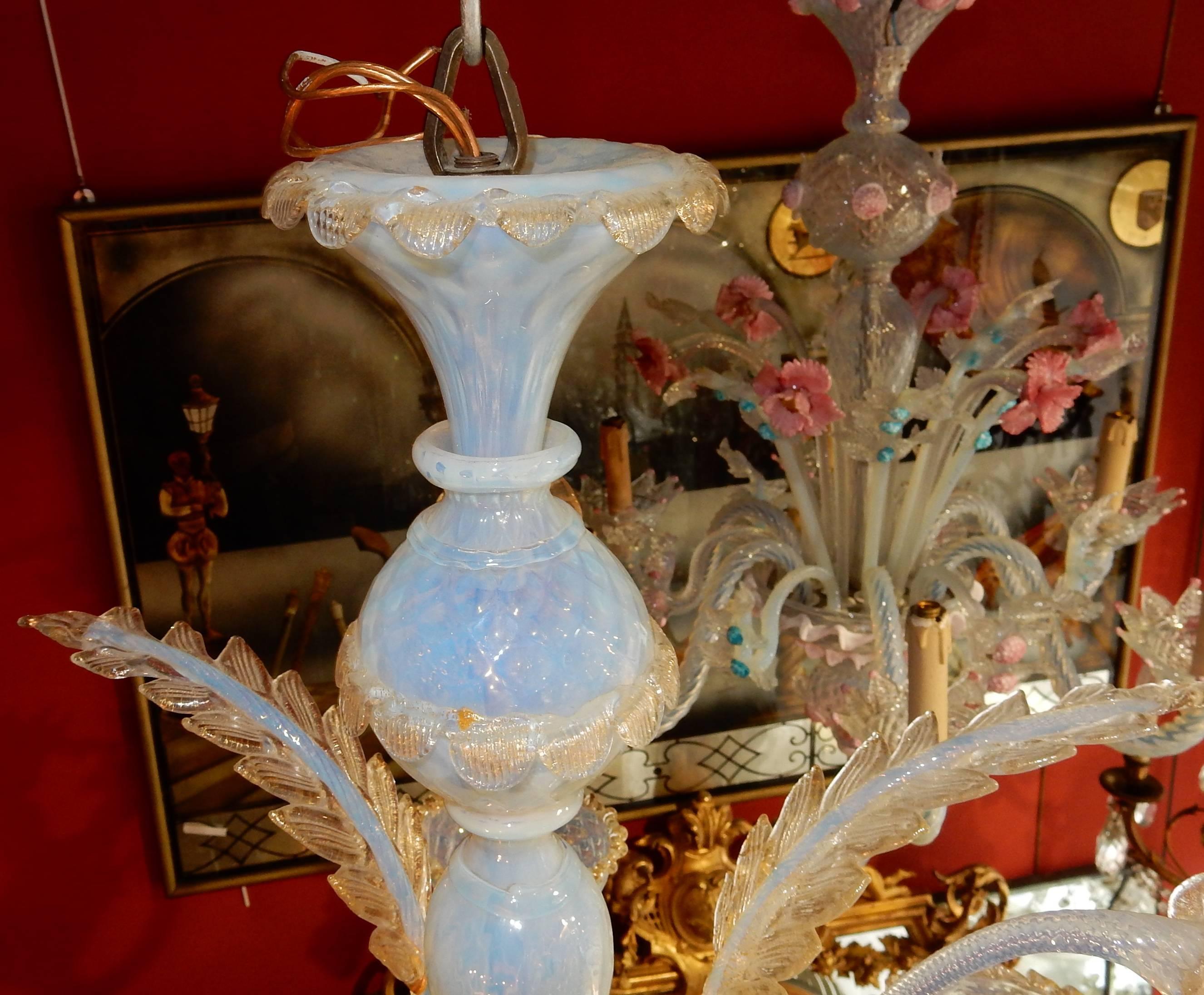 Napoleon III 1950 Chandelier Murano Blue Opalescent Color with Gold Included, Five Lights