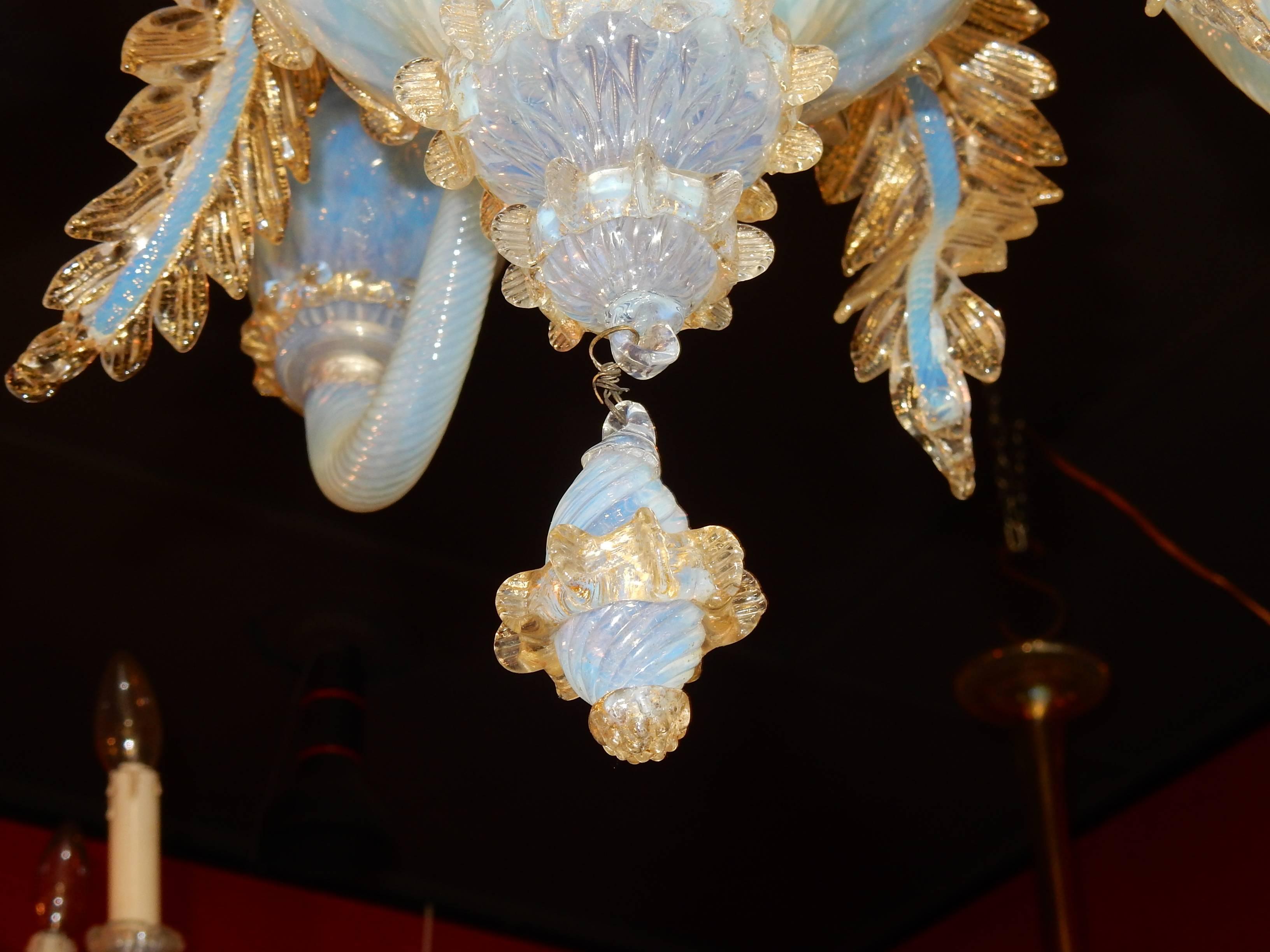 Italian 1950 Chandelier Murano Blue Opalescent Color with Gold Included, Five Lights