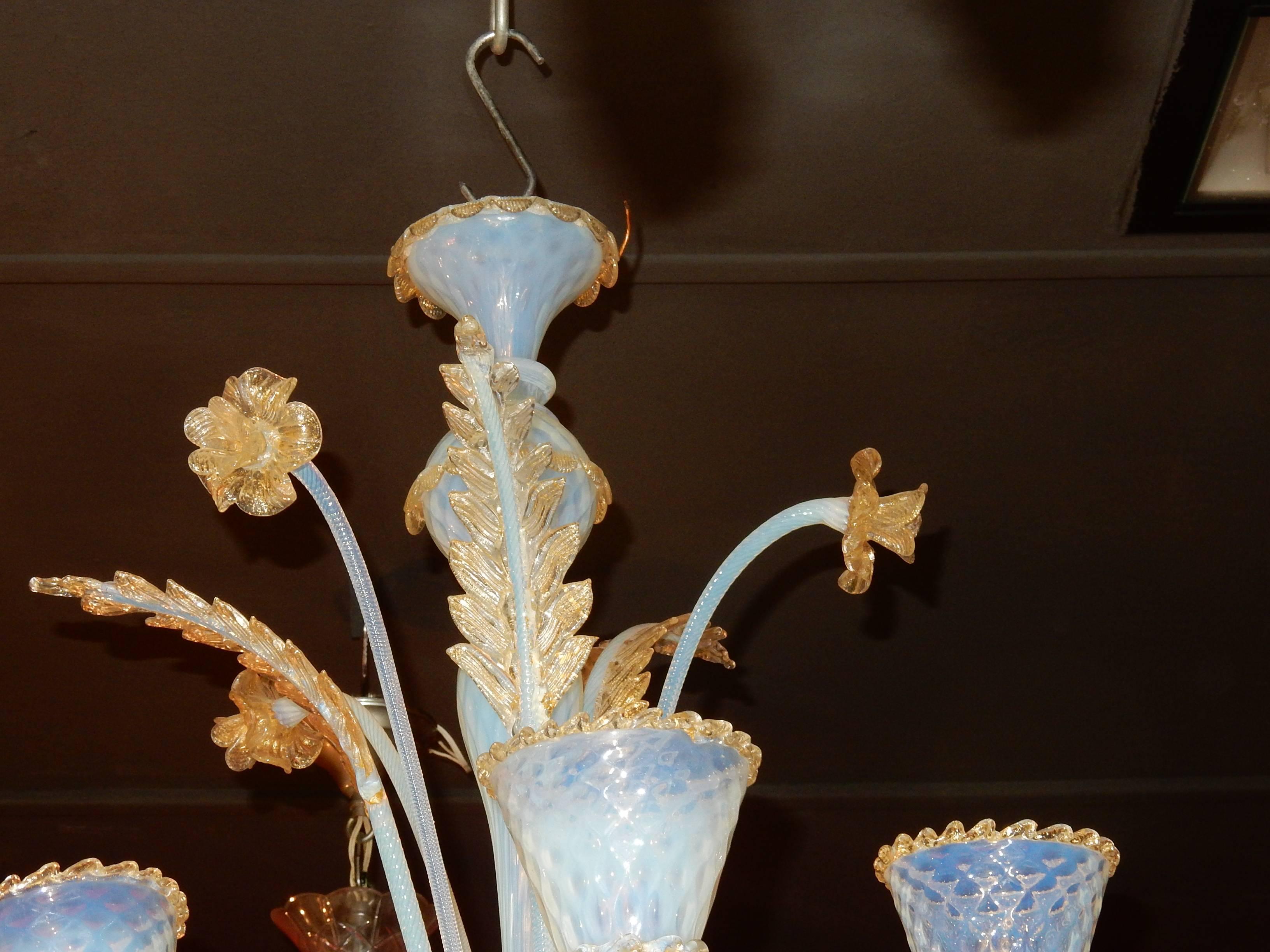 1950 Chandelier Murano Blue Opalescent Color with Gold Included, Five Lights In Good Condition In Paris, FR
