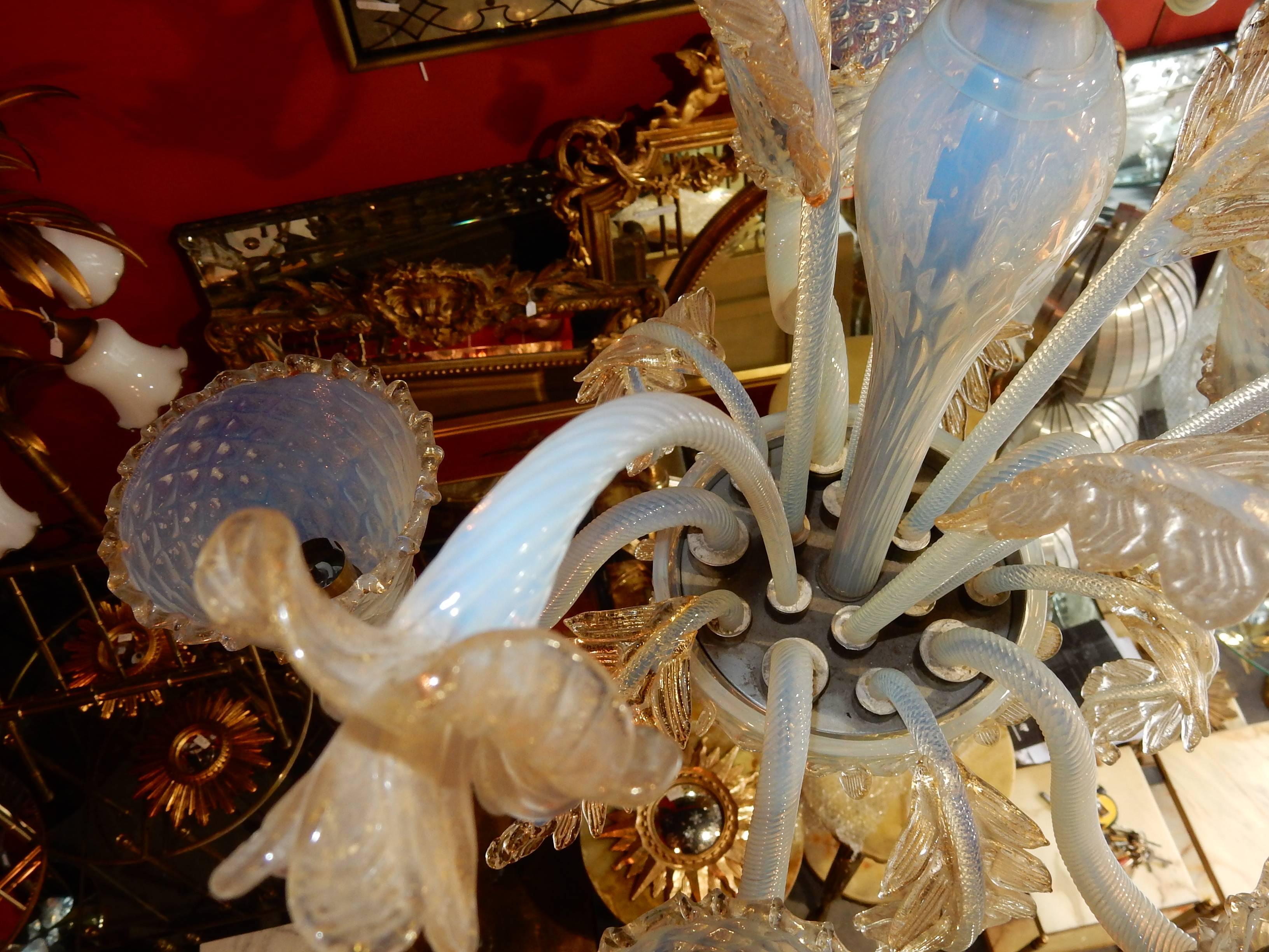 Mid-20th Century 1950 Chandelier Murano Blue Opalescent Color with Gold Included, Five Lights