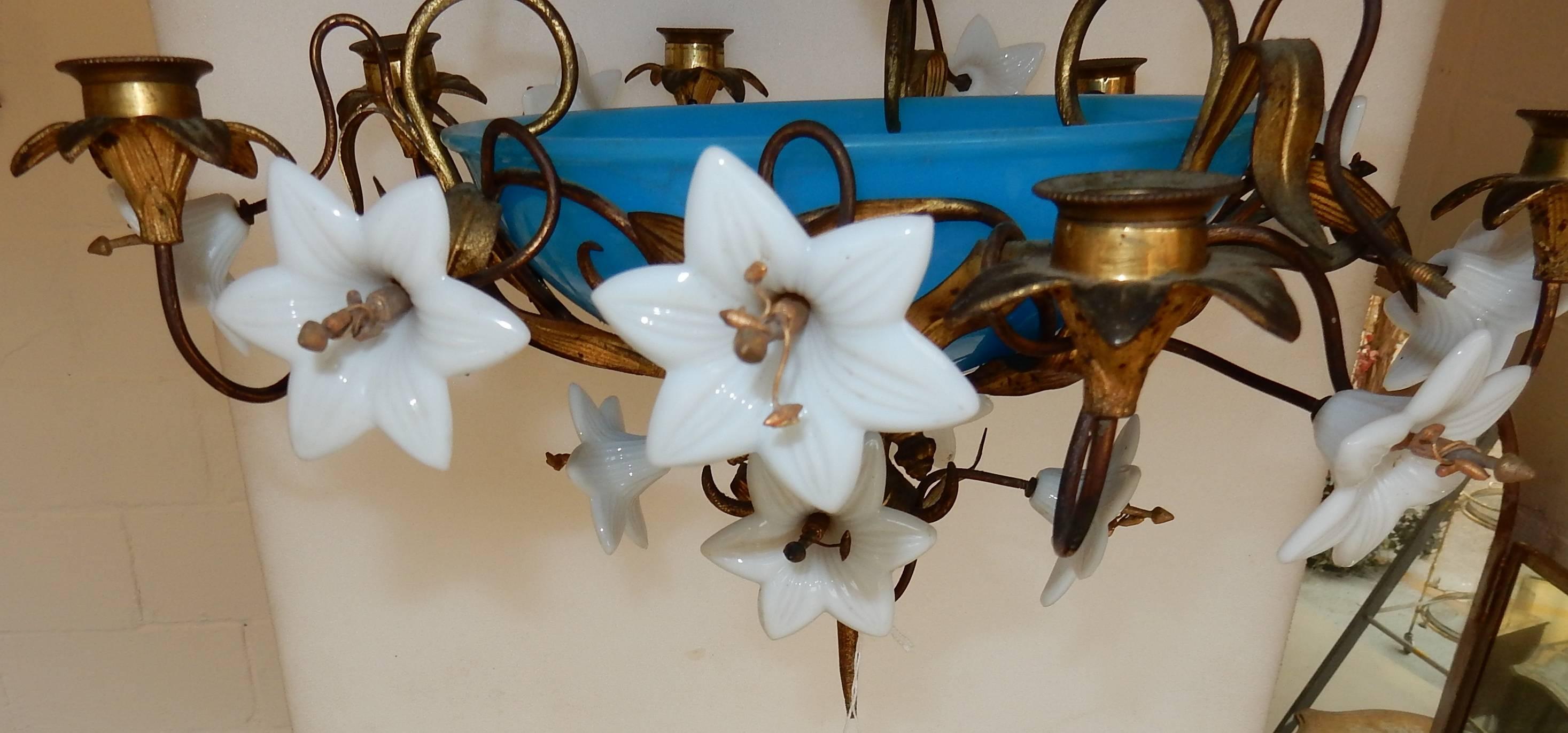 French 1880 Chandelier in Bindweeds with Blue Opaline and White Opaline Flowers For Sale