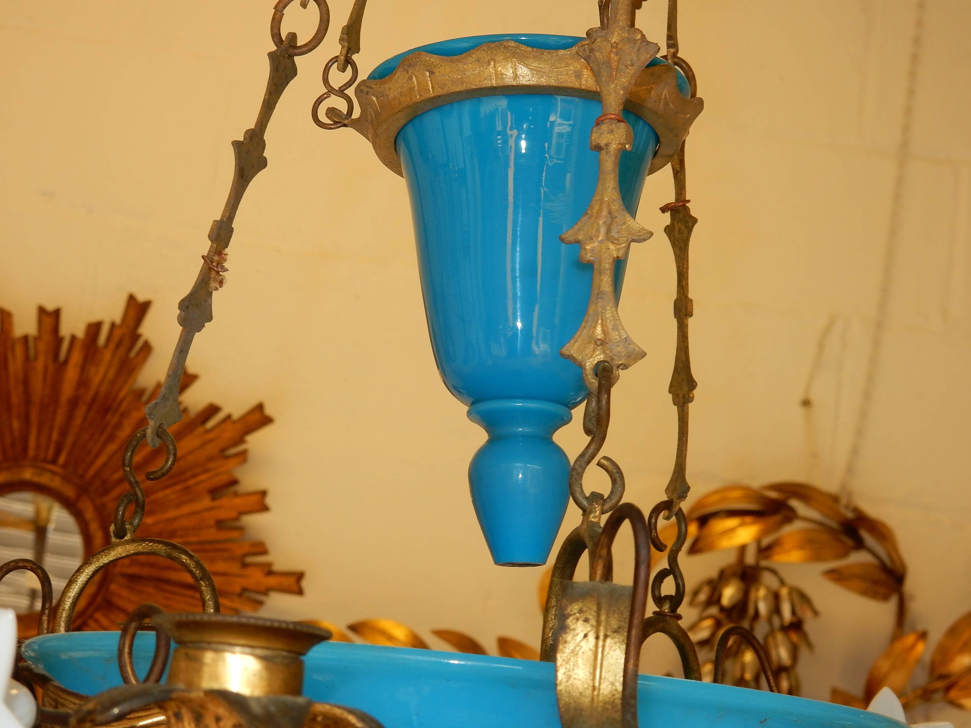 Late 19th Century 1880 Chandelier in Bindweeds with Blue Opaline and White Opaline Flowers For Sale