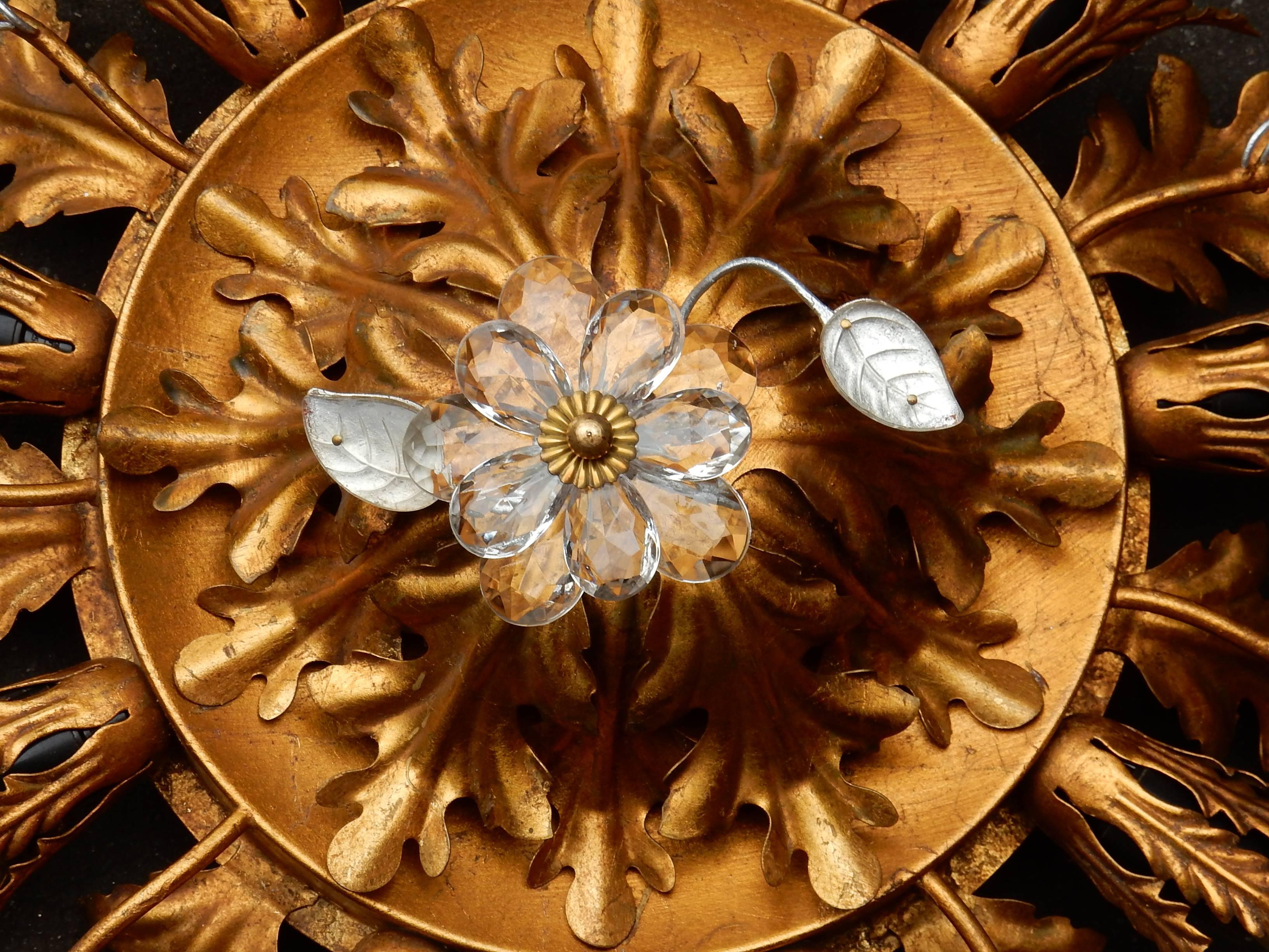 Gilt 1970 Ceiling Light with Flowers and Leaves in the Style Maison Baguès Nine Bulbs