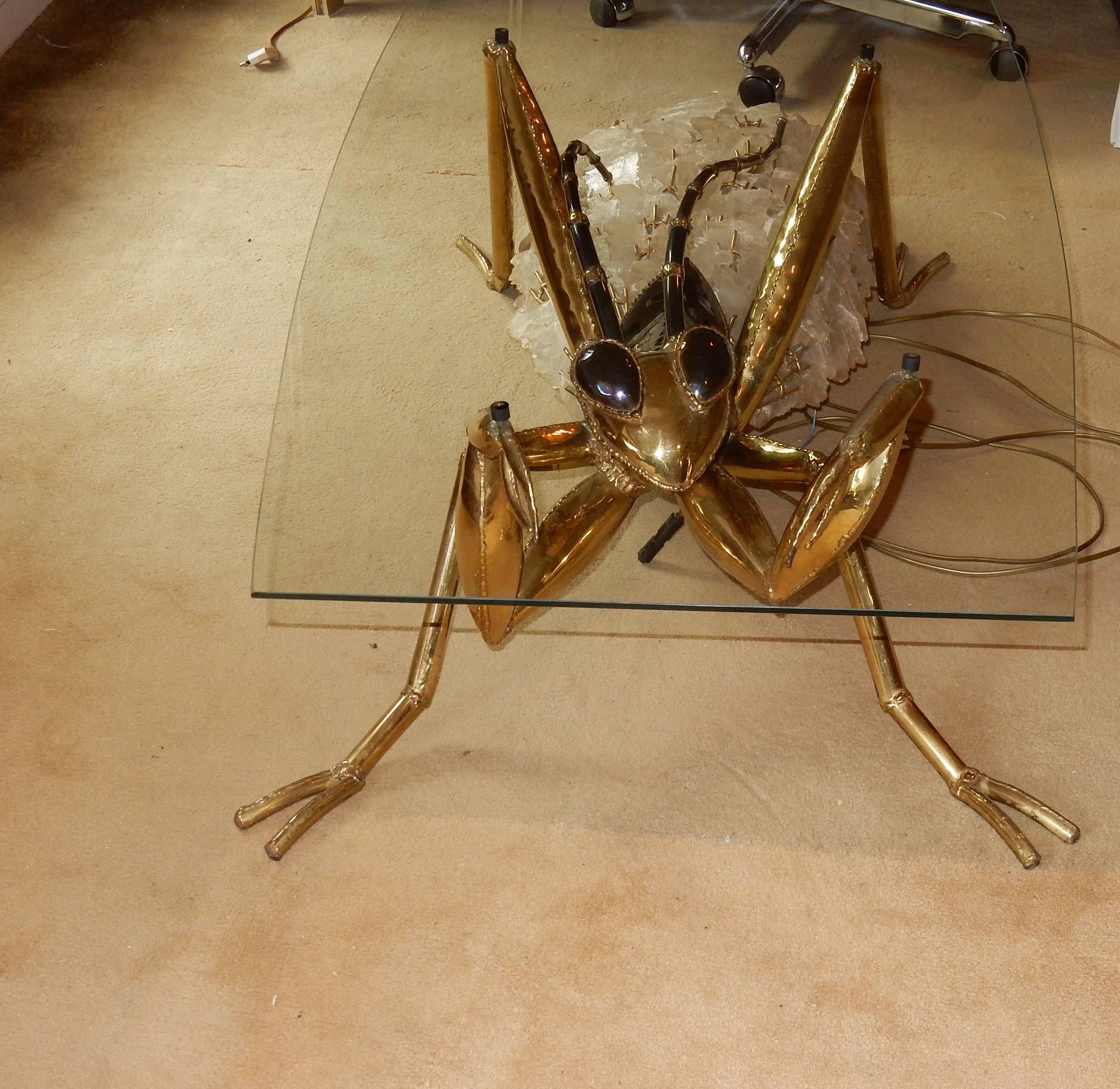 Art Deco 1970 Gilded Bronze and Gypsum Coffee Table Praying Mantis Style Duval Brasseur