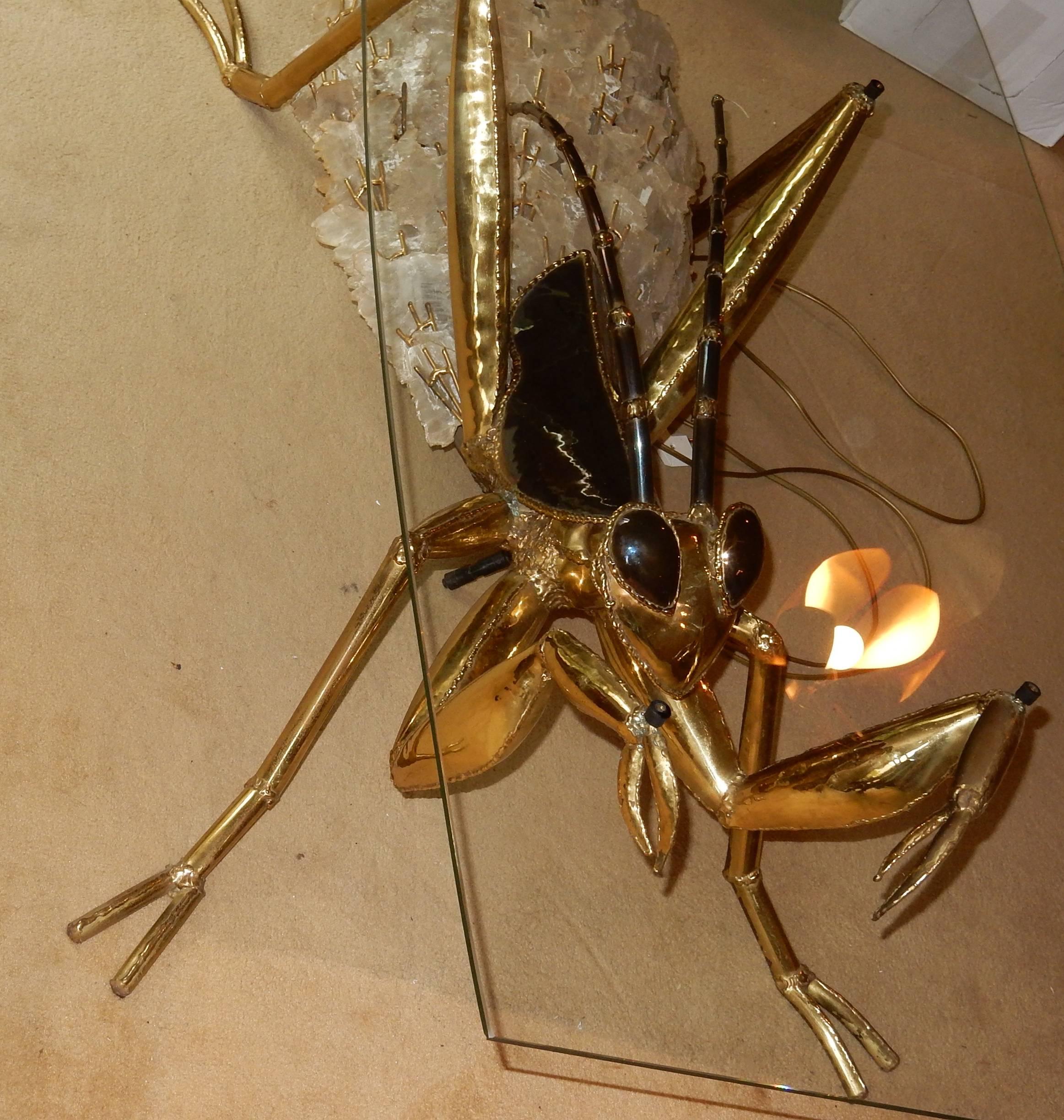 French 1970 Gilded Bronze and Gypsum Coffee Table Praying Mantis Style Duval Brasseur