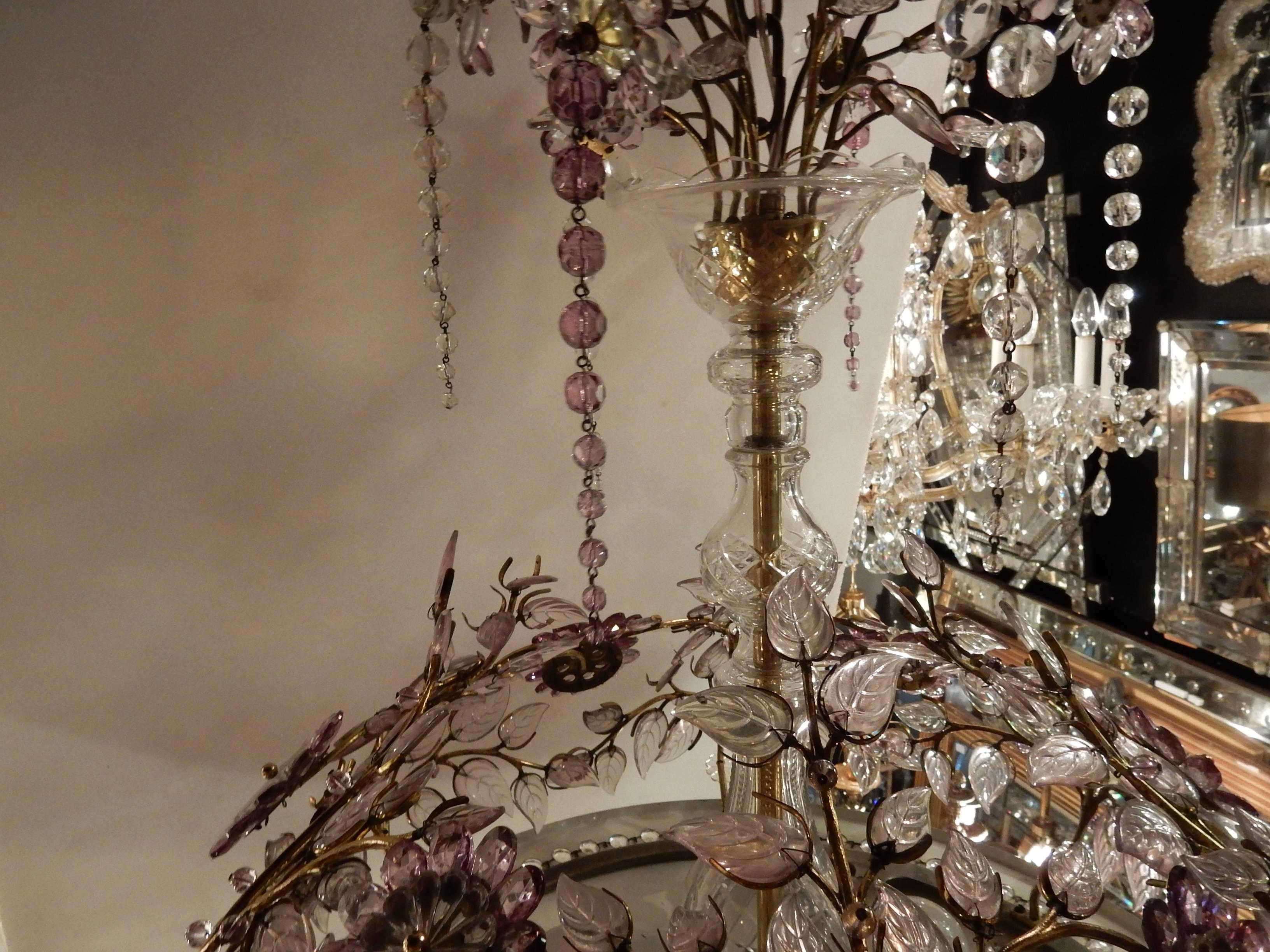 Polished 1970 Chandelier with Kristal Flowers and Leaves in the Style of Maison Baguès
