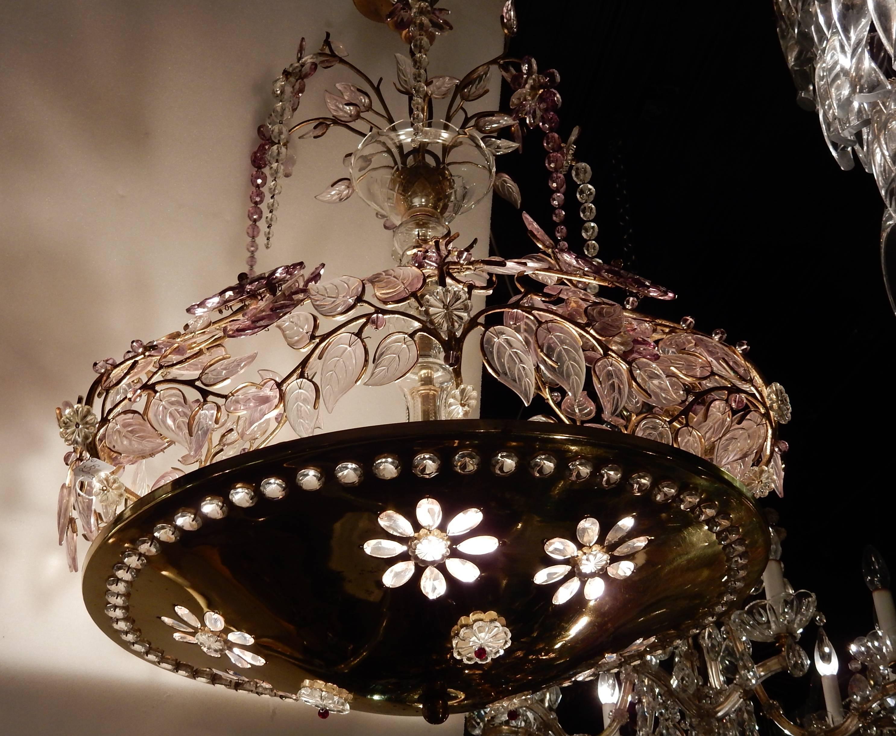 Brass 1970 Chandelier with Kristal Flowers and Leaves in the Style of Maison Baguès