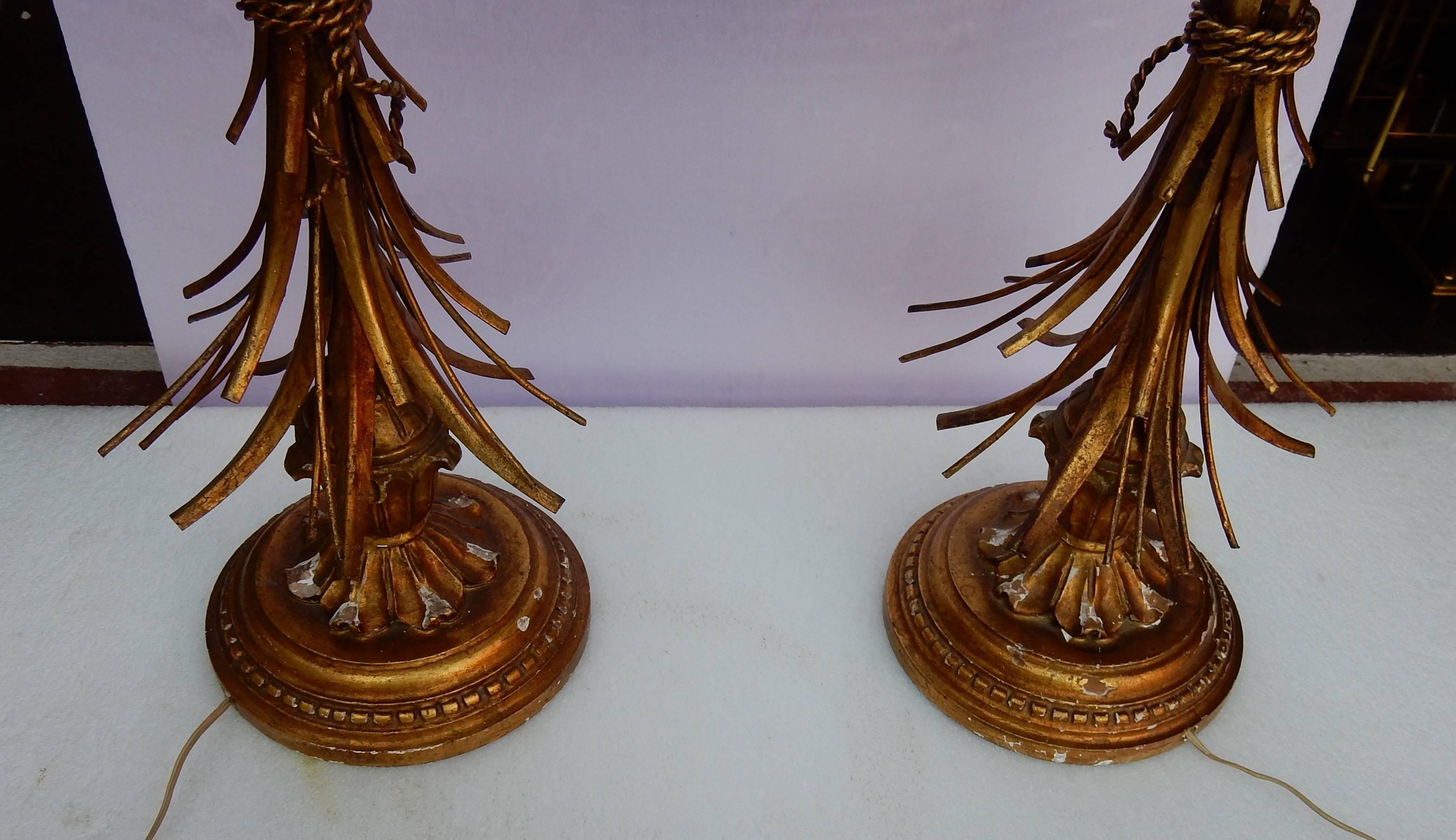 Neoclassical 1950-1970 Pair of Golden Wood Lamps with Sheaf of Wheat