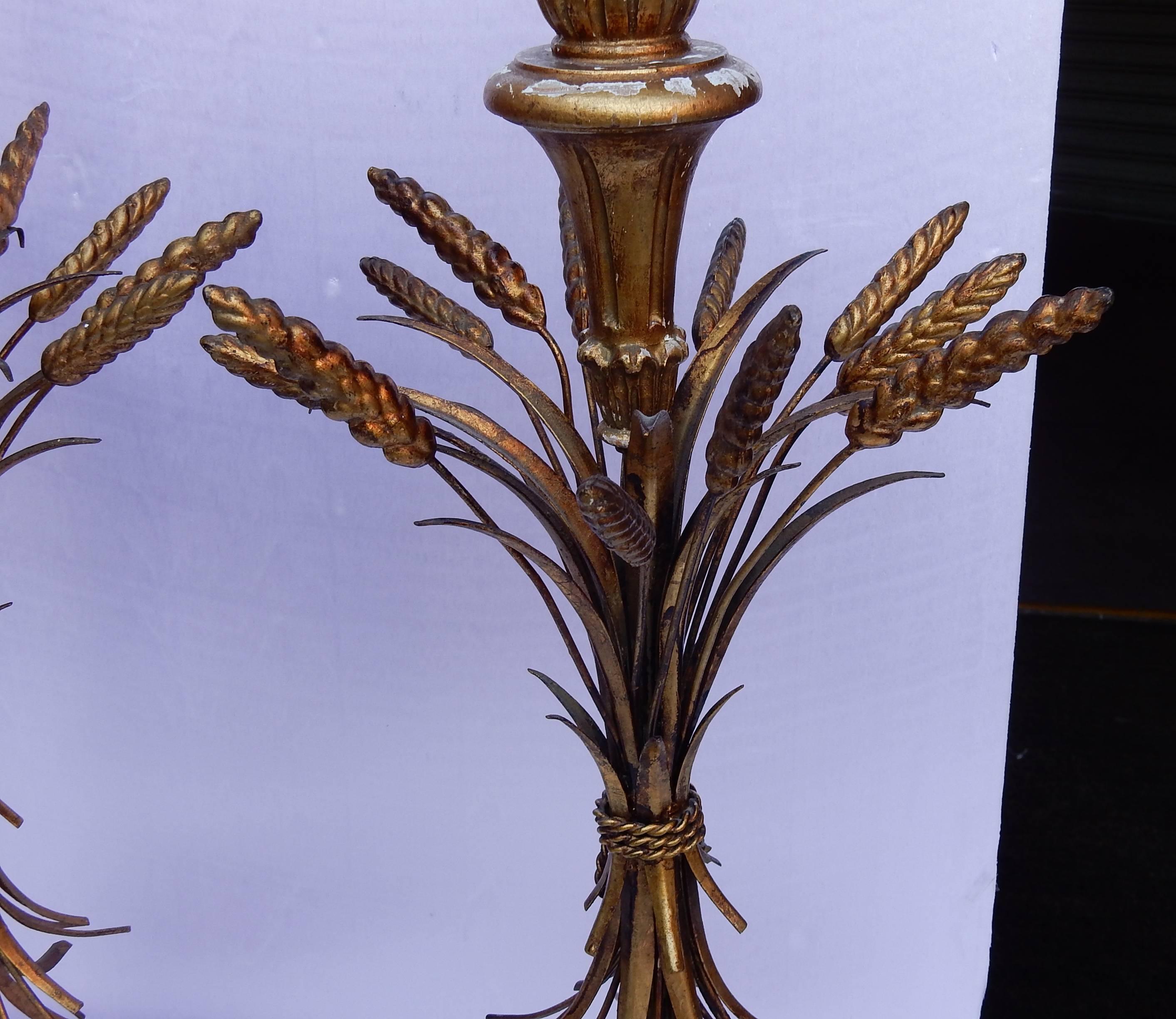 Gilt 1950-1970 Pair of Golden Wood Lamps with Sheaf of Wheat