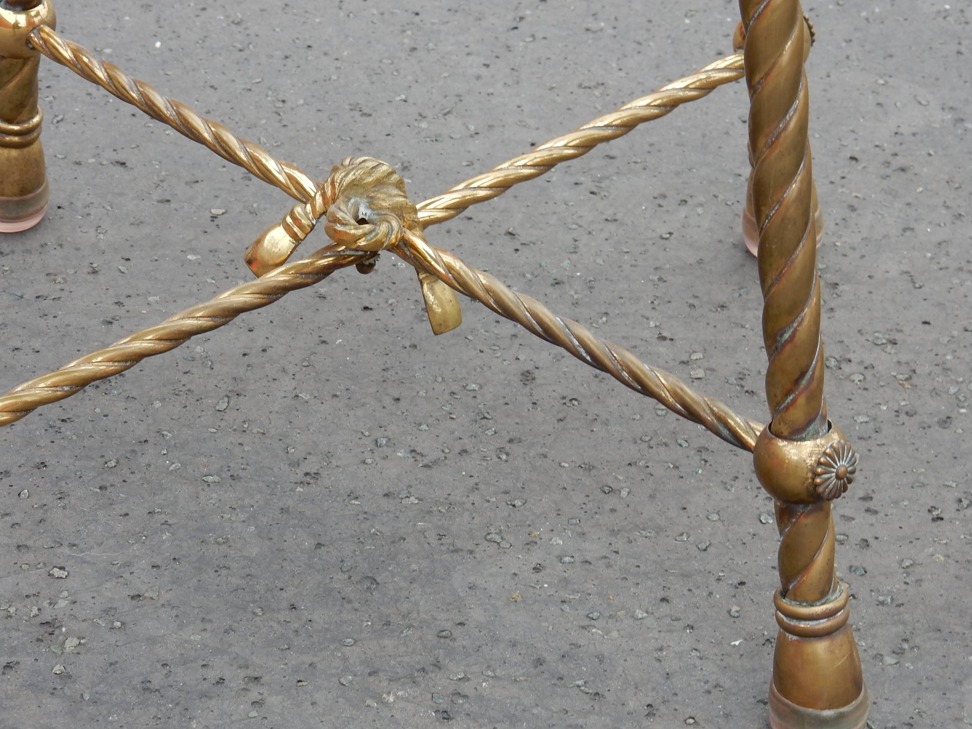 French 1950-1970 Pair of Stools Gilded Brass Style Rope in the Style of Maison Baguès For Sale