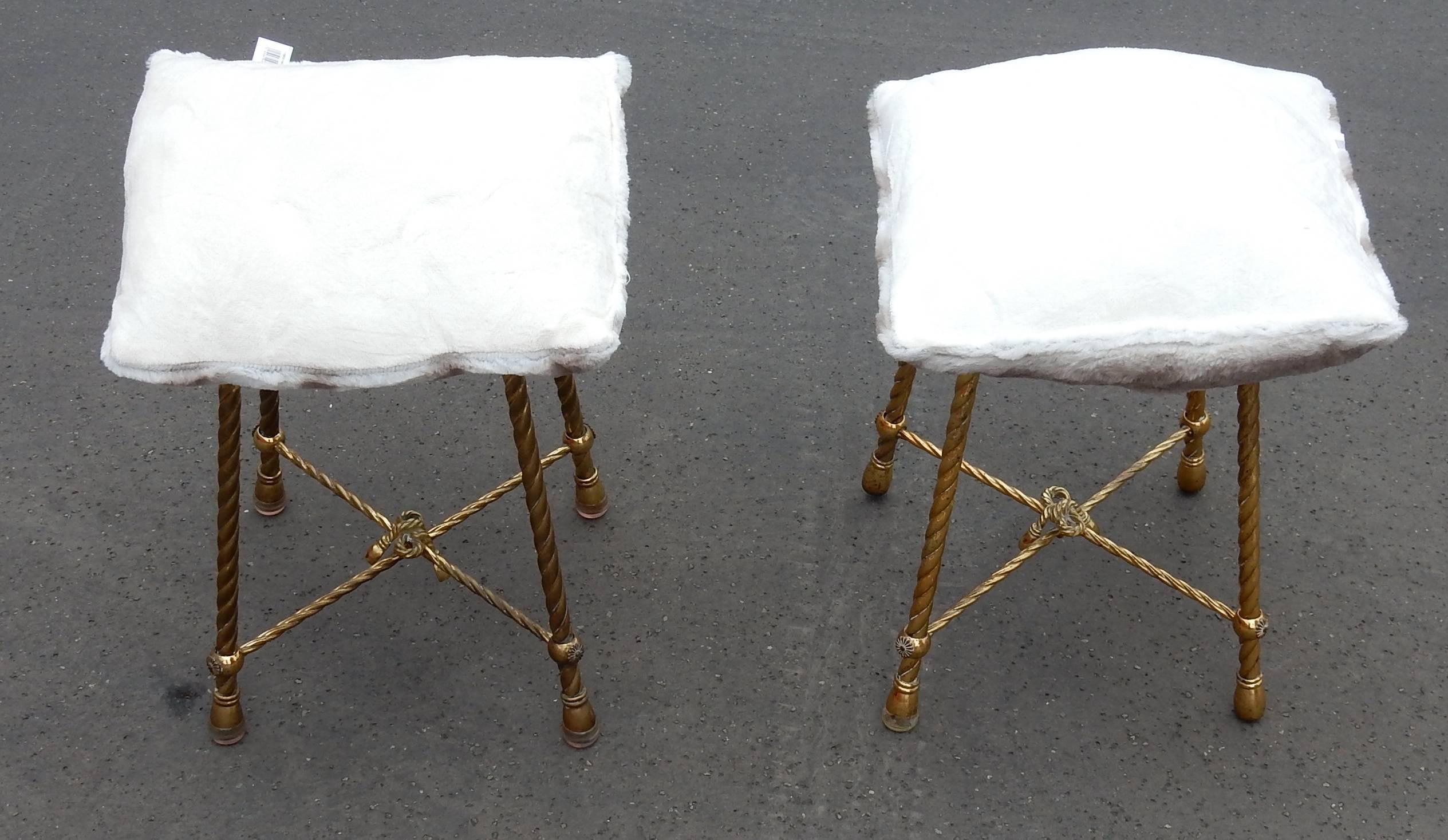 Mid-20th Century 1950-1970 Pair of Stools Gilded Brass Style Rope in the Style of Maison Baguès For Sale