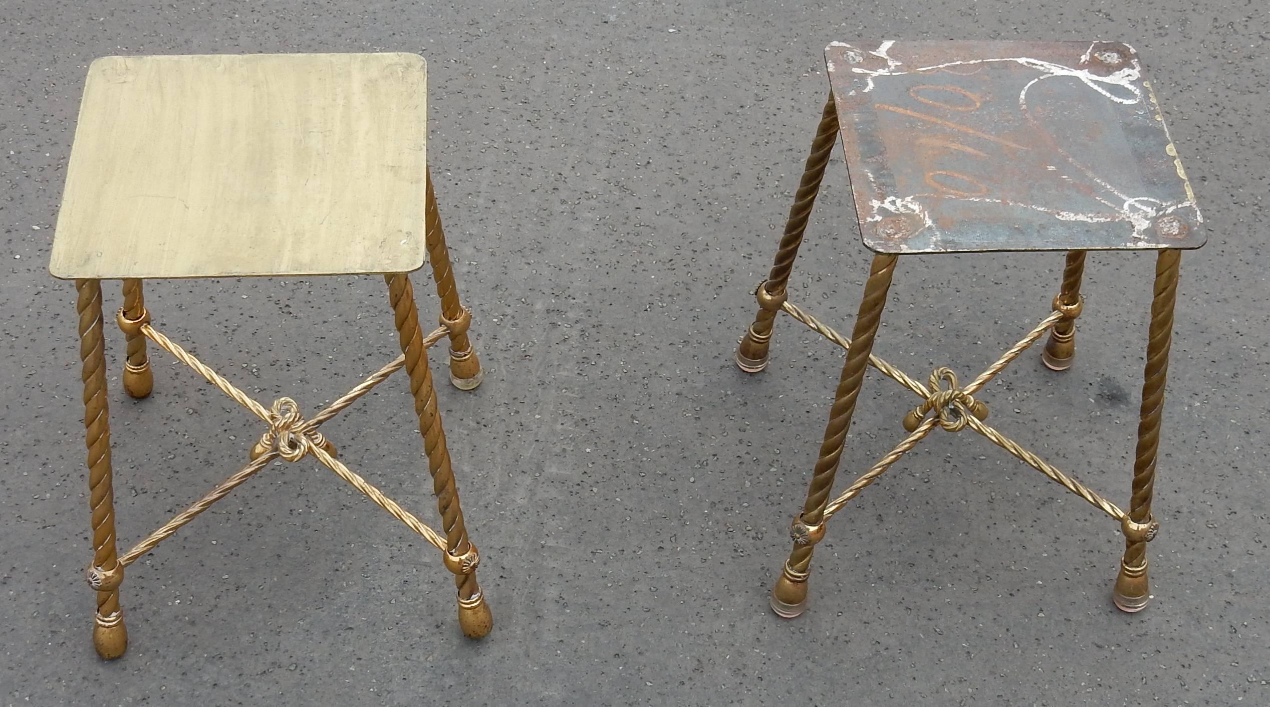 Gilt 1950-1970 Pair of Stools Gilded Brass Style Rope in the Style of Maison Baguès For Sale