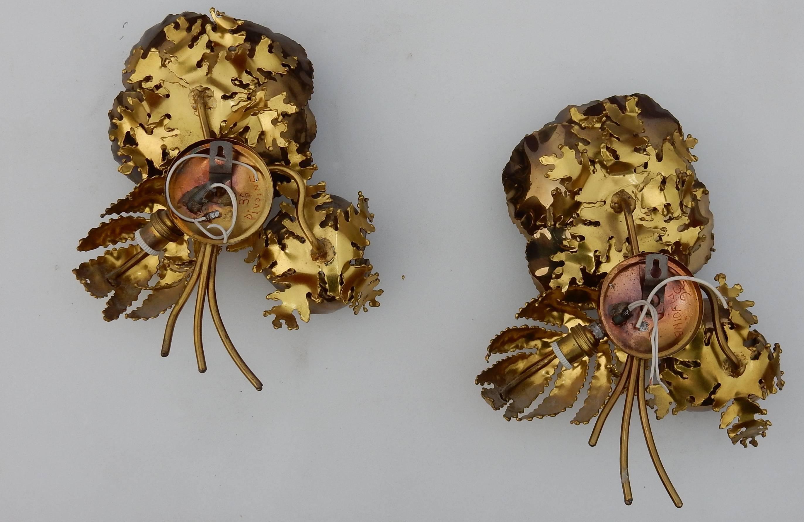 Forged 1970s Wall Lamp Pair of Anemones Maison Jansen in Brass