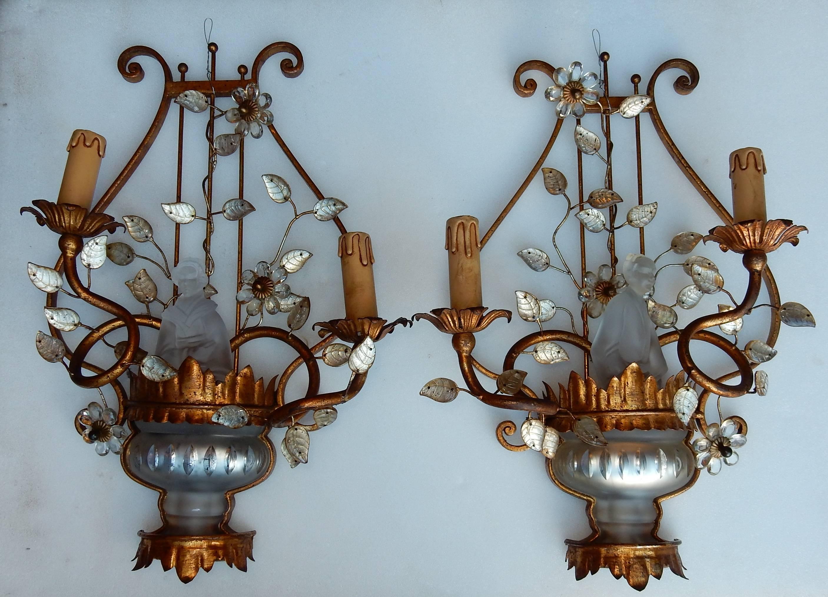 Iron 1970 Pair of Wall Lamp Deco Chinese in the Style of Maison Baguès For Sale