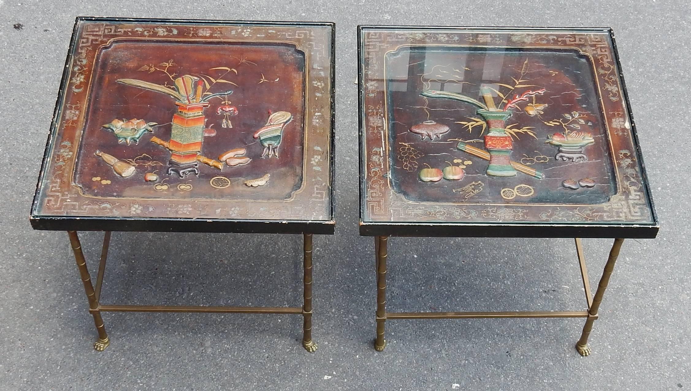 Pair of end of sofa bronze with amounts bamboo deco ending by feet same lion feet. Top is fruits and urn in lacquer of china and glass, circa 1950-1970.