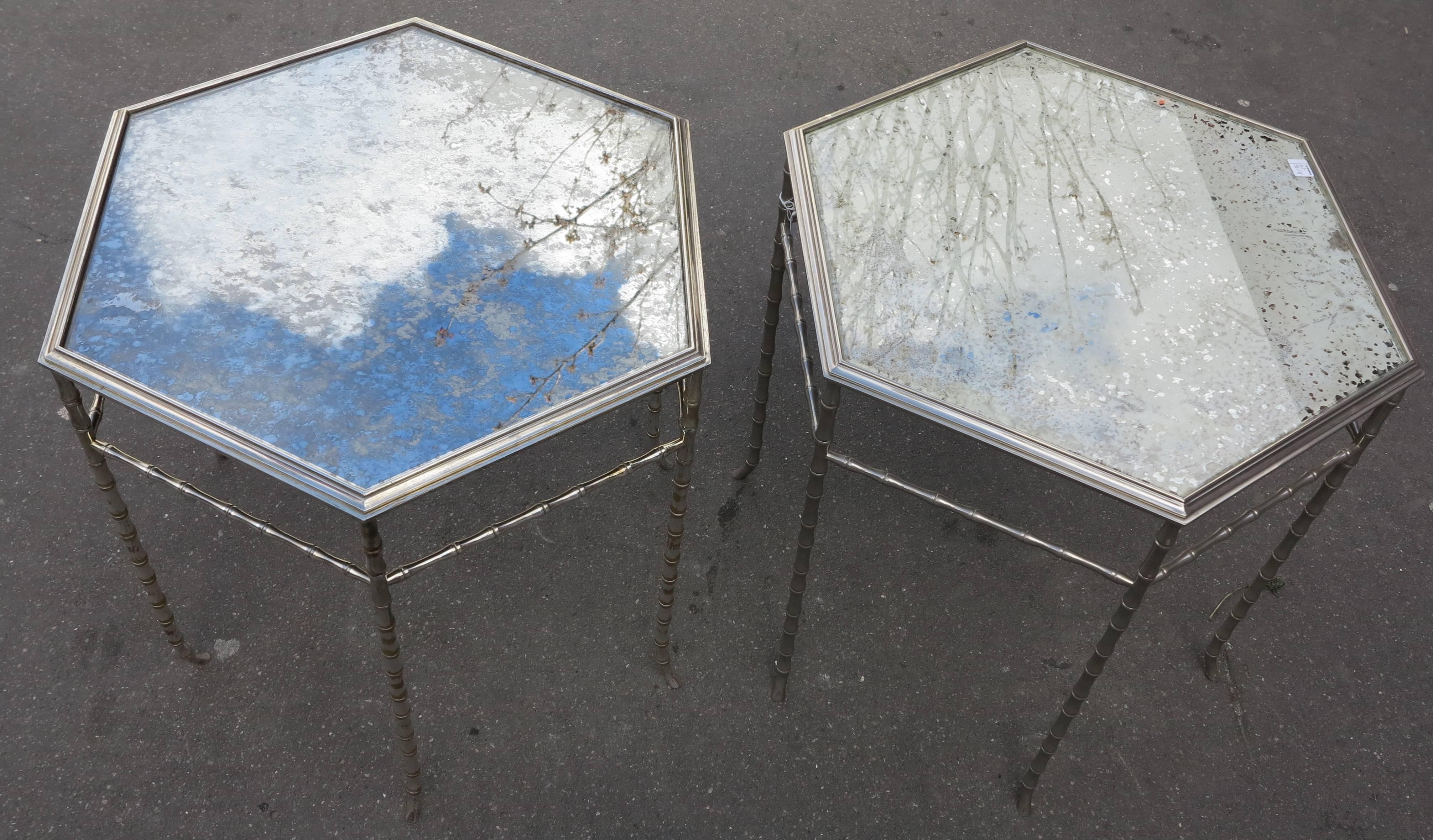 Bronze 191970 Hexagonal Pedestal Table Pair in the Style of Maison Bagués