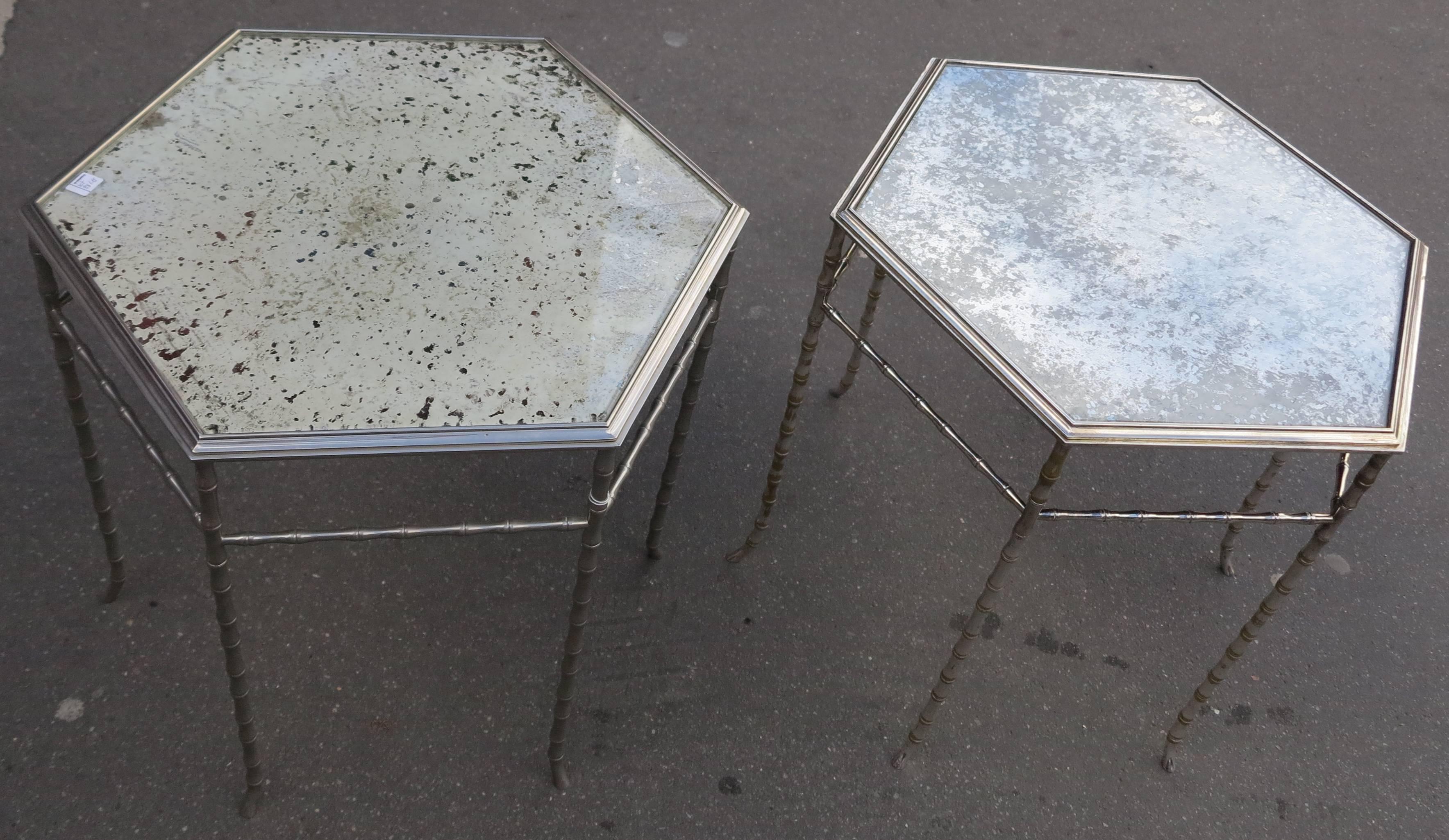 191970 Hexagonal Pedestal Table Pair in the Style of Maison Bagués 2