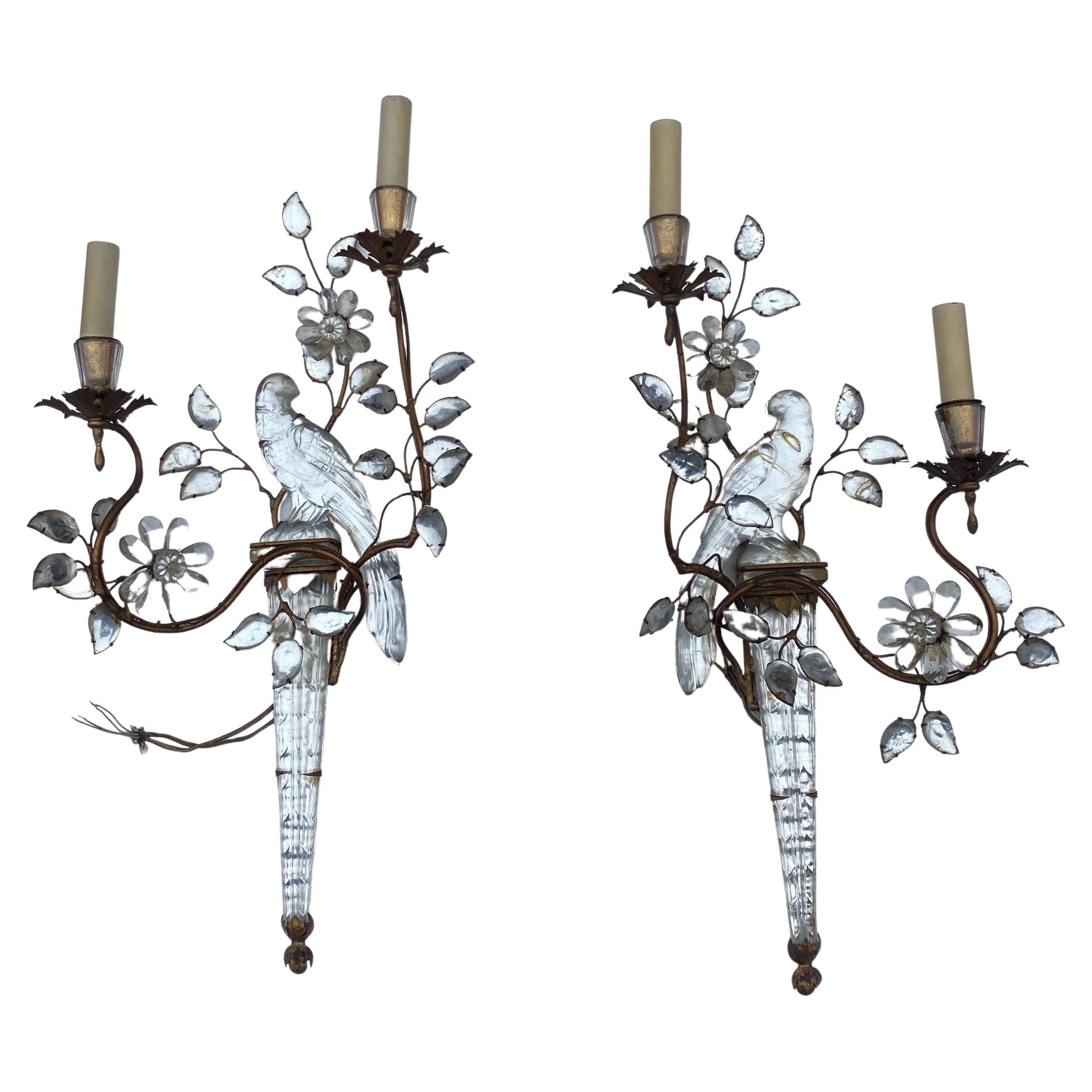 19/7050 Pair of Wall Lights with Parakeet Placed on a Sheath, Maison Bagués For Sale