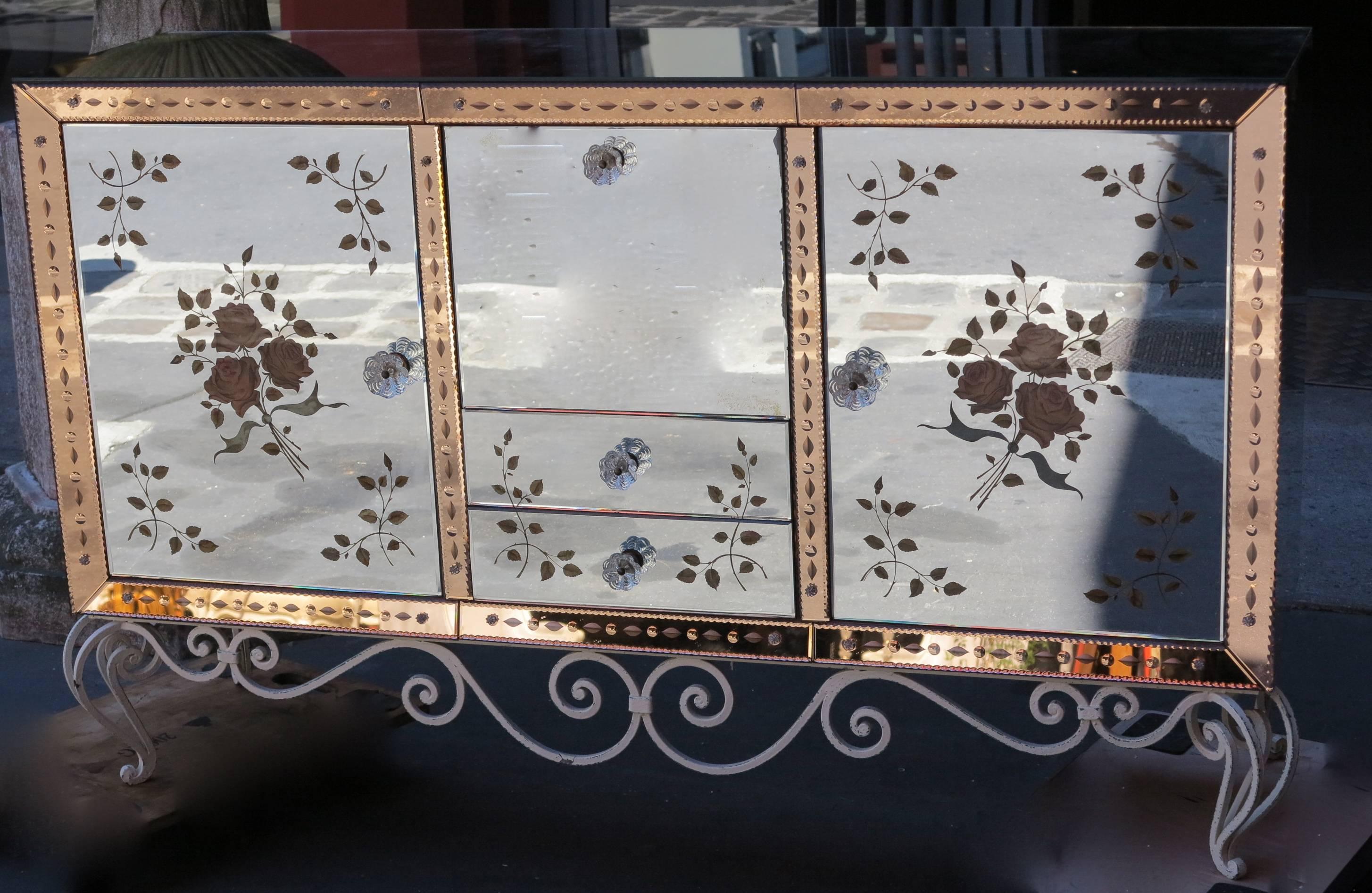 1970 Sideboard Mirror with Eglomisées Flowers 3