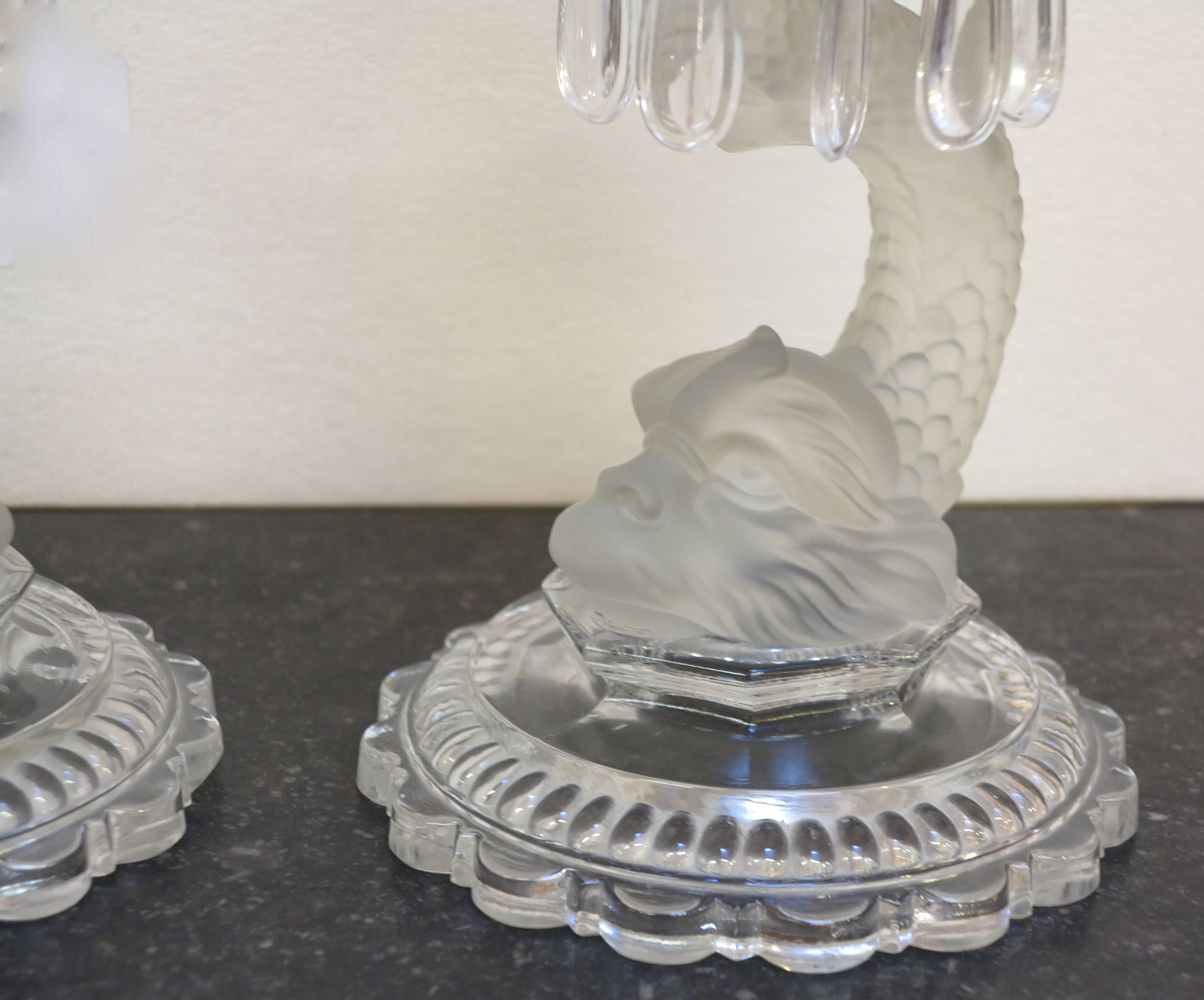 Art Deco 1950 Pair of Candlesticks Baccarat signed to the Delphins