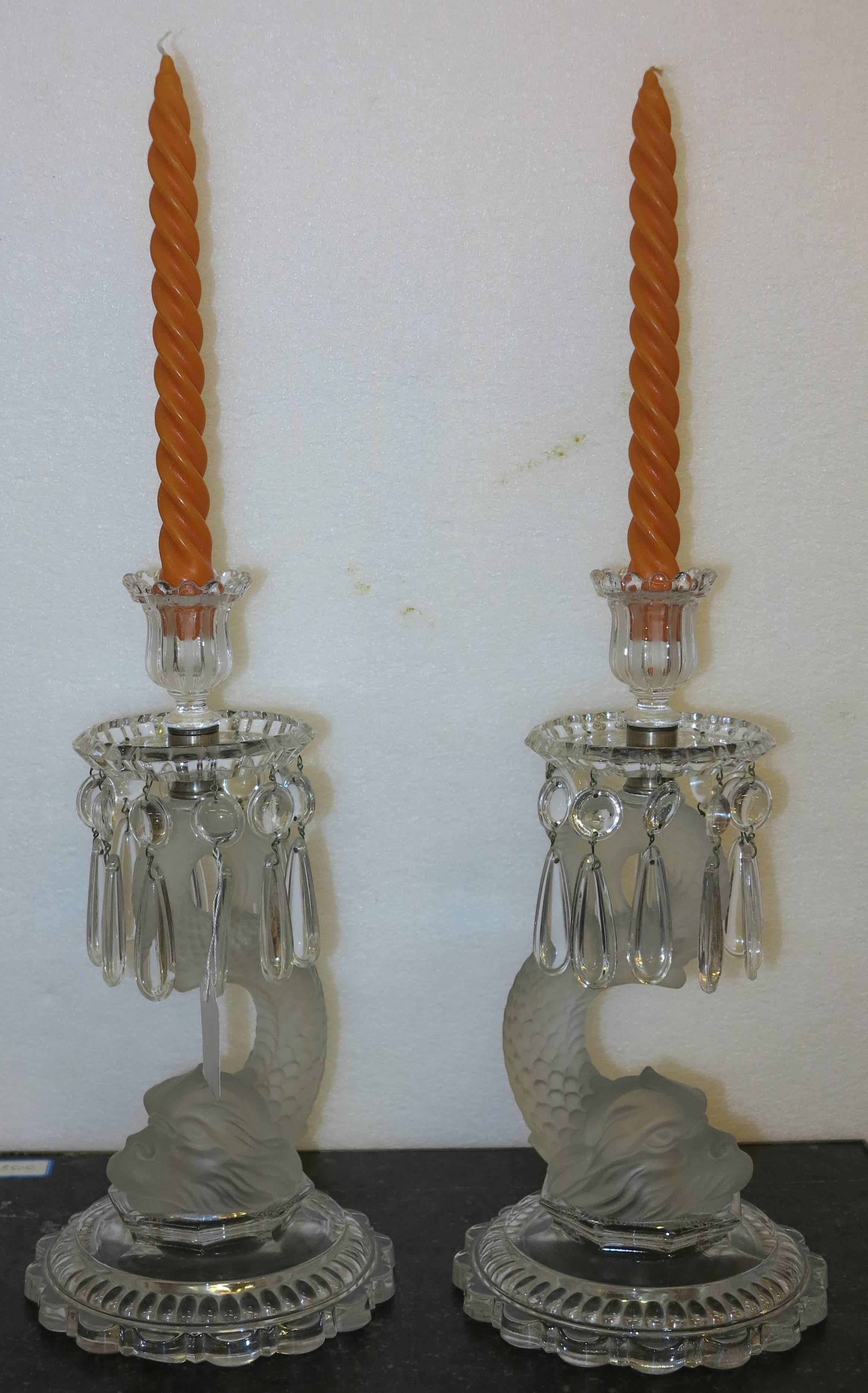 French 1950 Pair of Candlesticks Baccarat signed to the Delphins