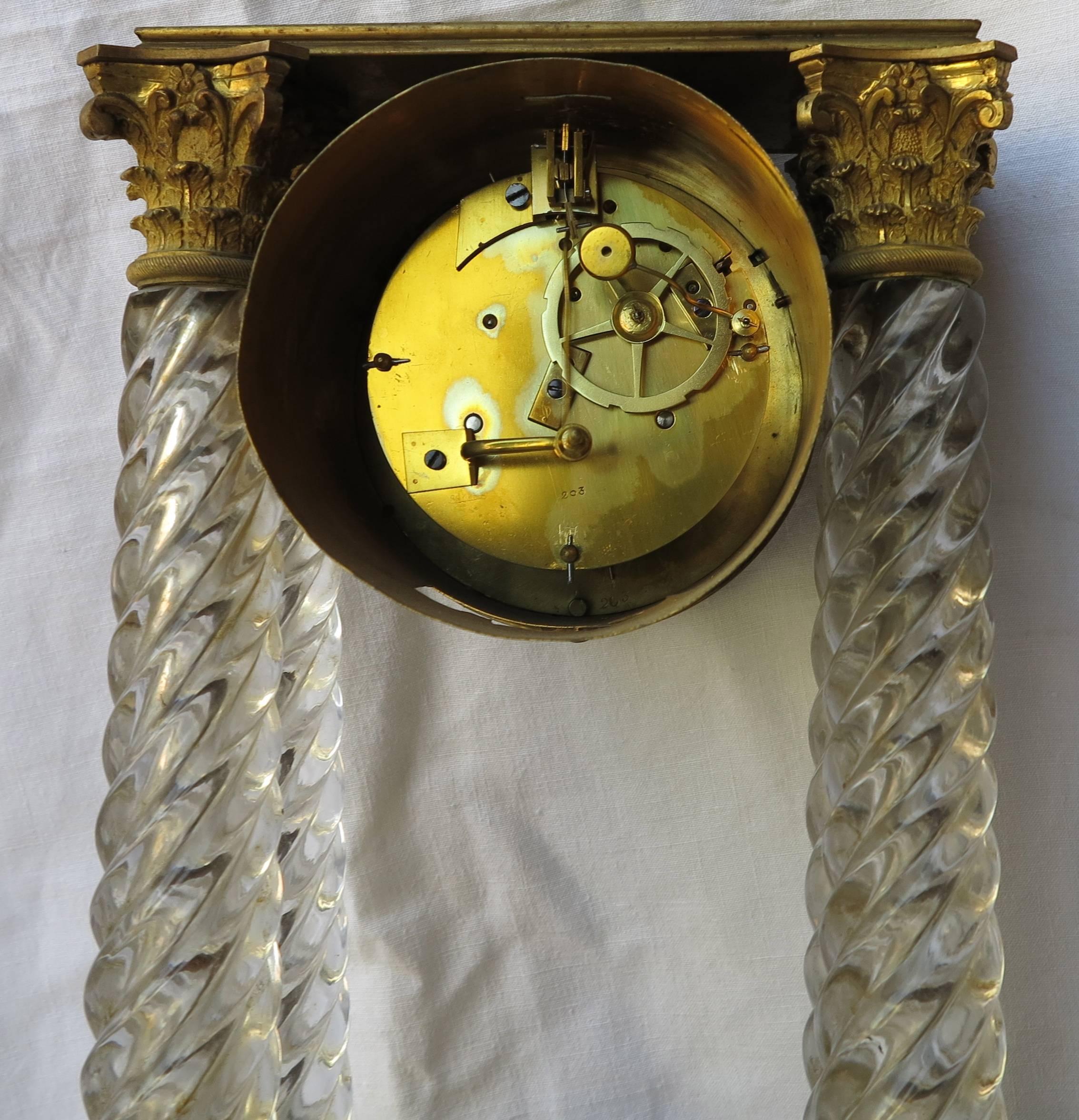 French 1830' Clock Portico Charles X Crystal Baccarat and Golden Bronze