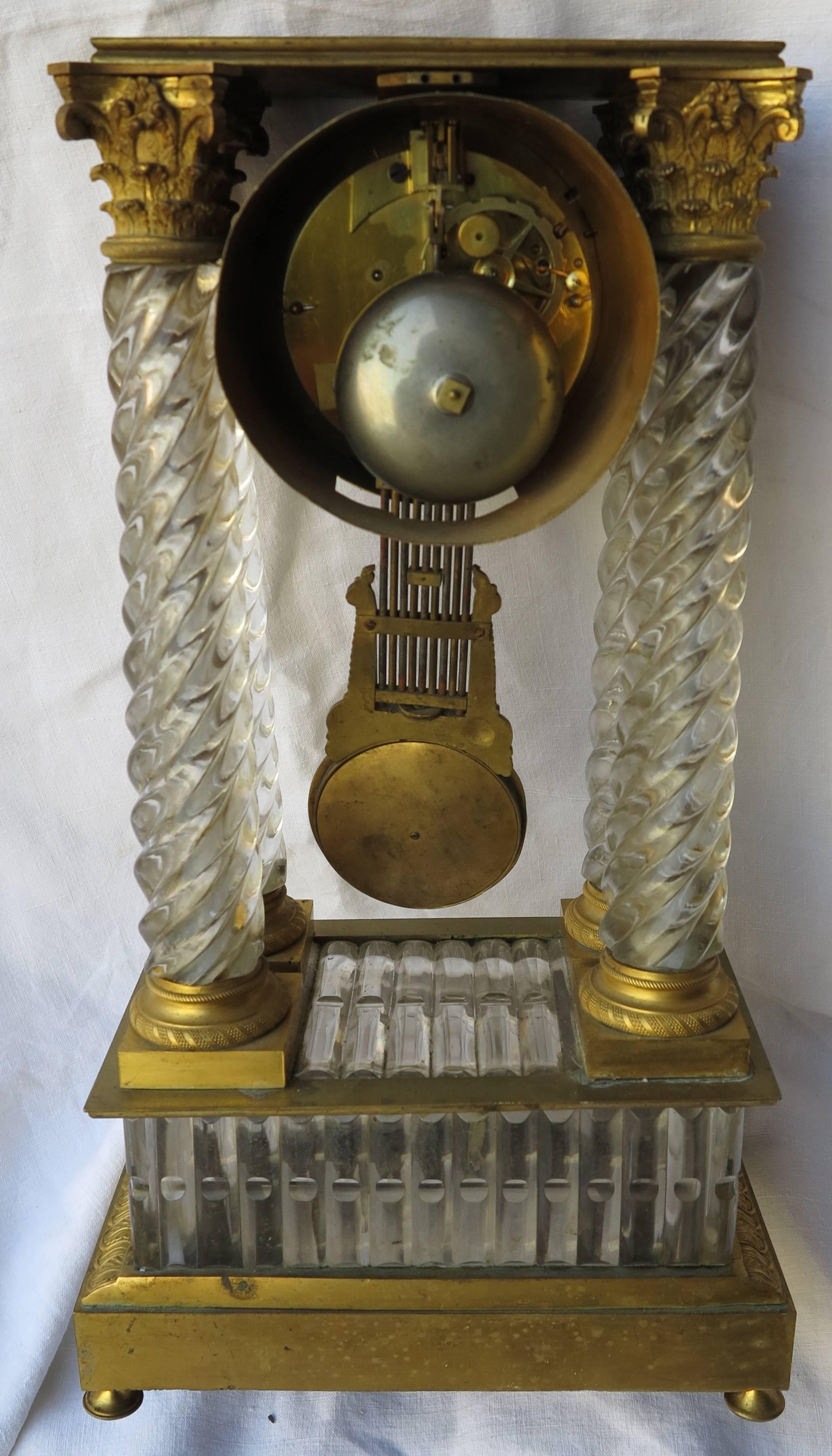 Early 19th Century 1830' Clock Portico Charles X Crystal Baccarat and Golden Bronze