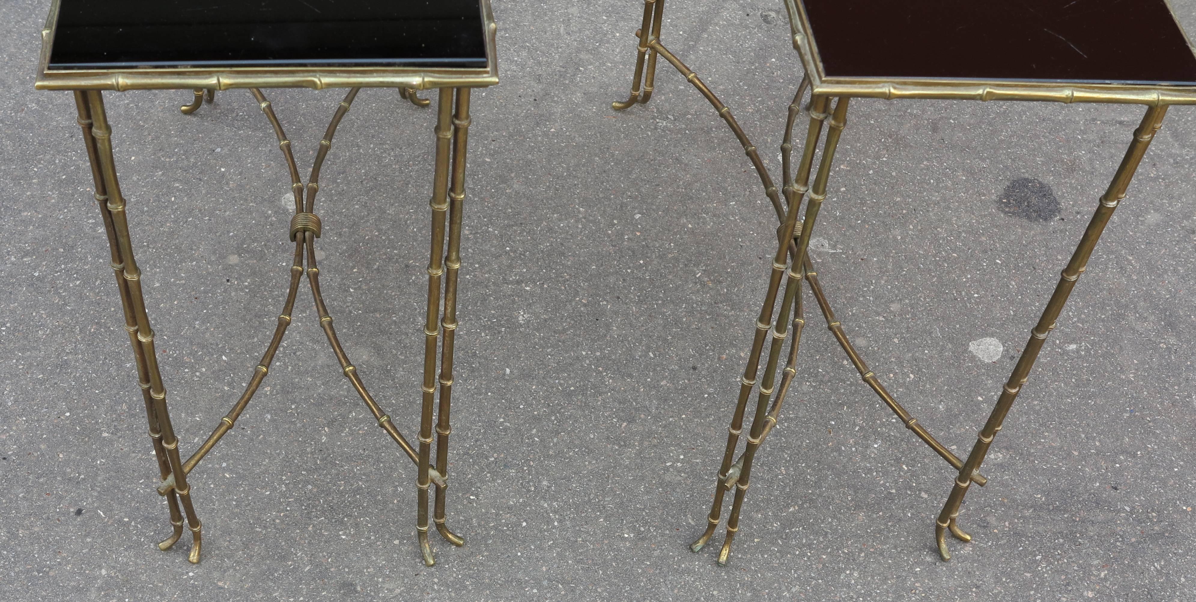 Late 20th Century 1970' Shelf Pair in Brass Maison Bagués , Bamboo Model Top  With Black Opaline
