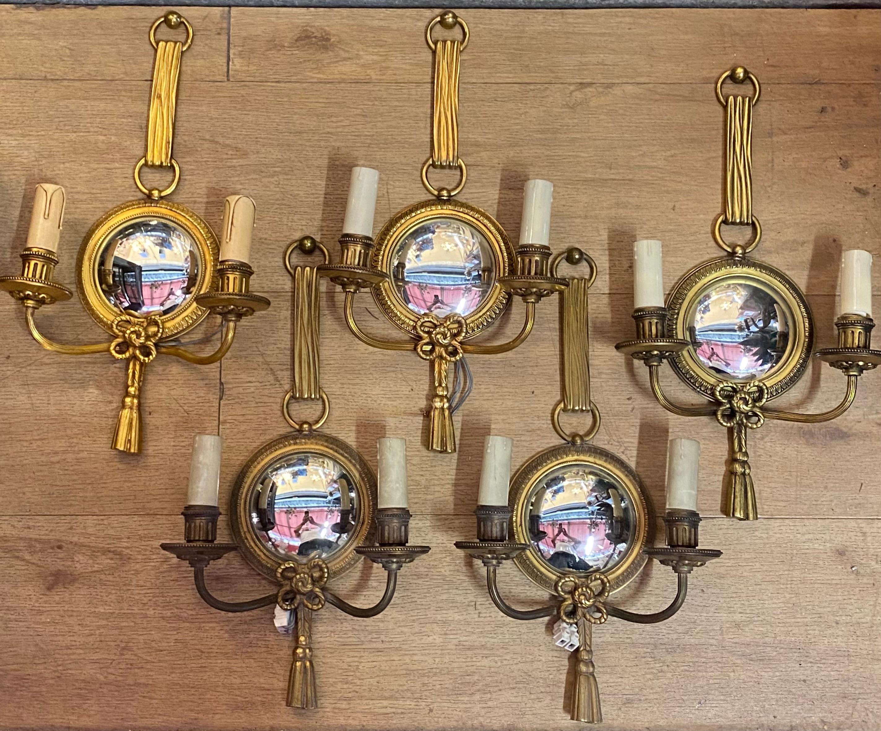 French 1950/70′  Serie of 5 Sconces in Gilted Bronze With Convex Mirror Petitot Signed For Sale