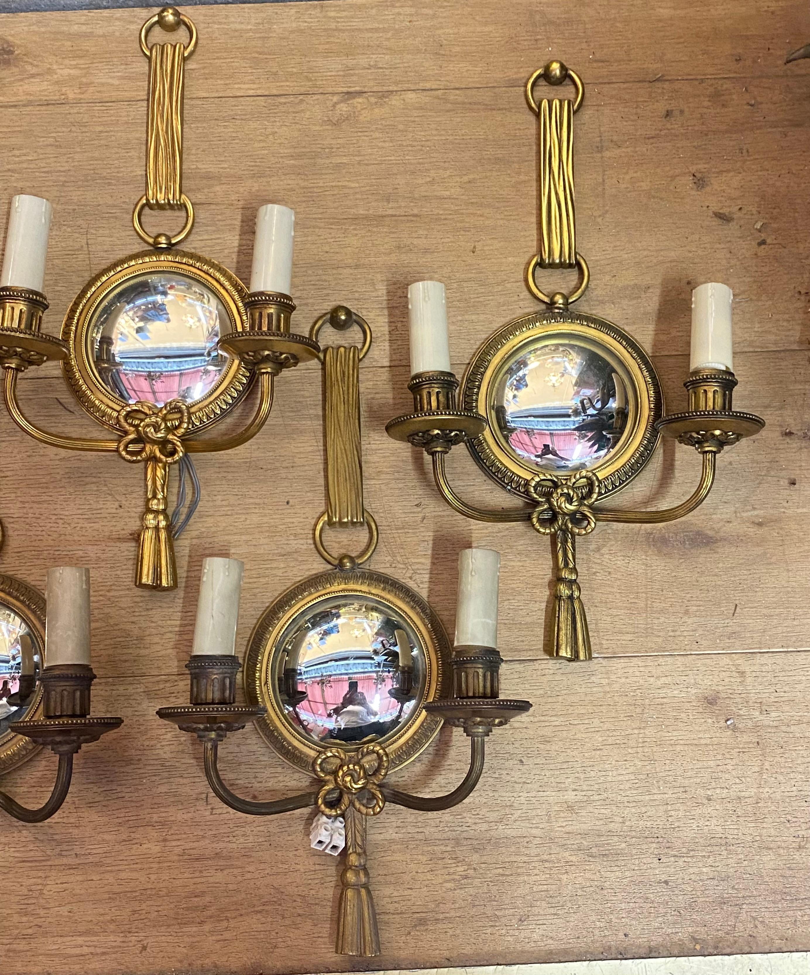 Mid-20th Century 1950/70′  Serie of 5 Sconces in Gilted Bronze With Convex Mirror Petitot Signed For Sale