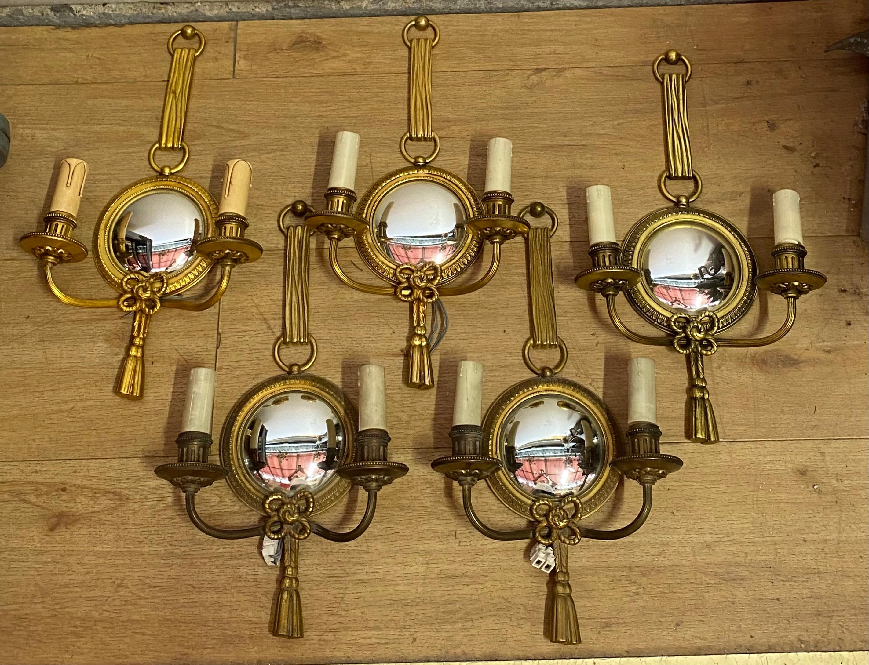 1950/70′  Serie of 5 Sconces in Gilted Bronze With Convex Mirror Petitot Signed For Sale 1