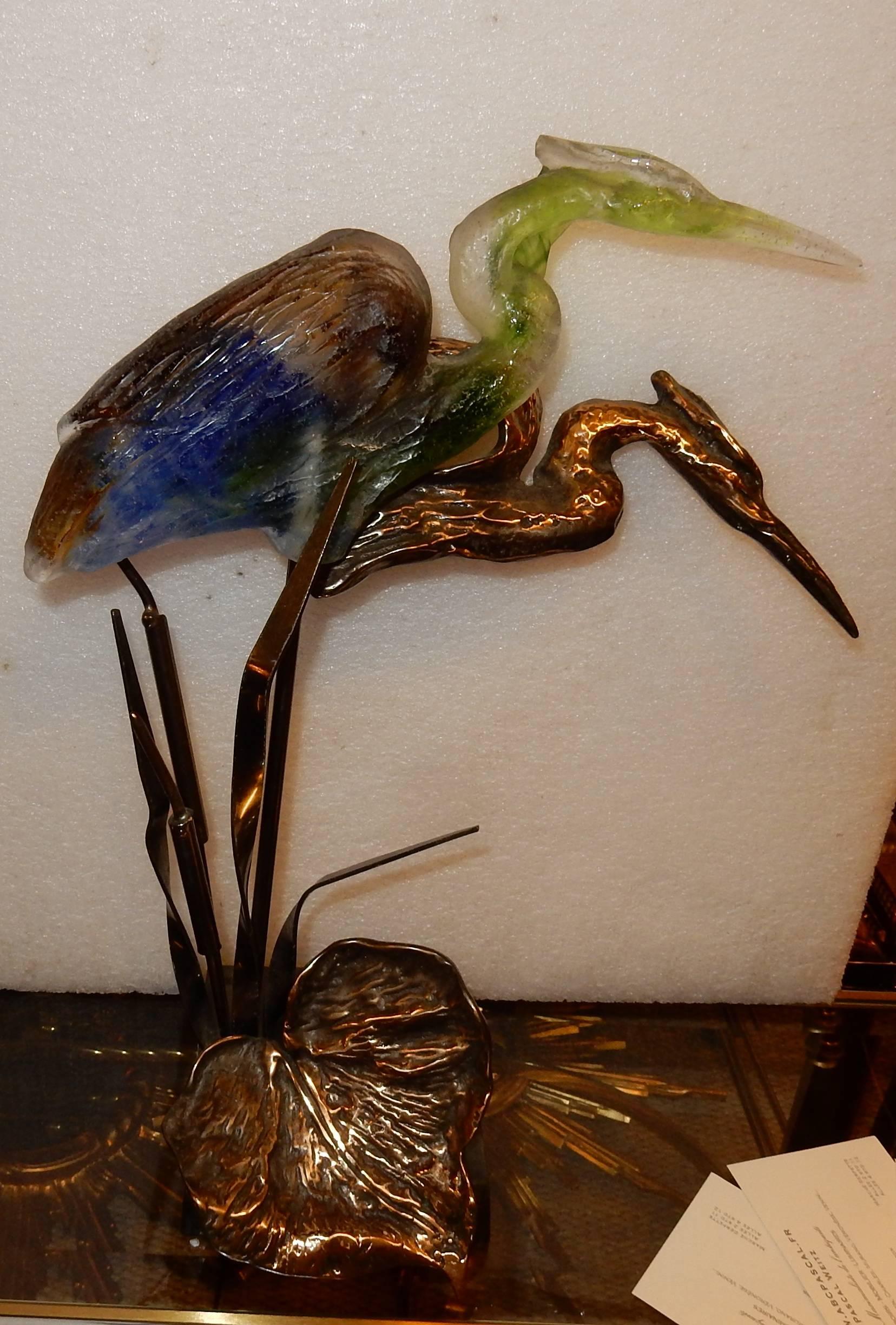 Neoclassical Bronze Heron and Molten Glass, Signed Lohe, 1970-1980  For Sale