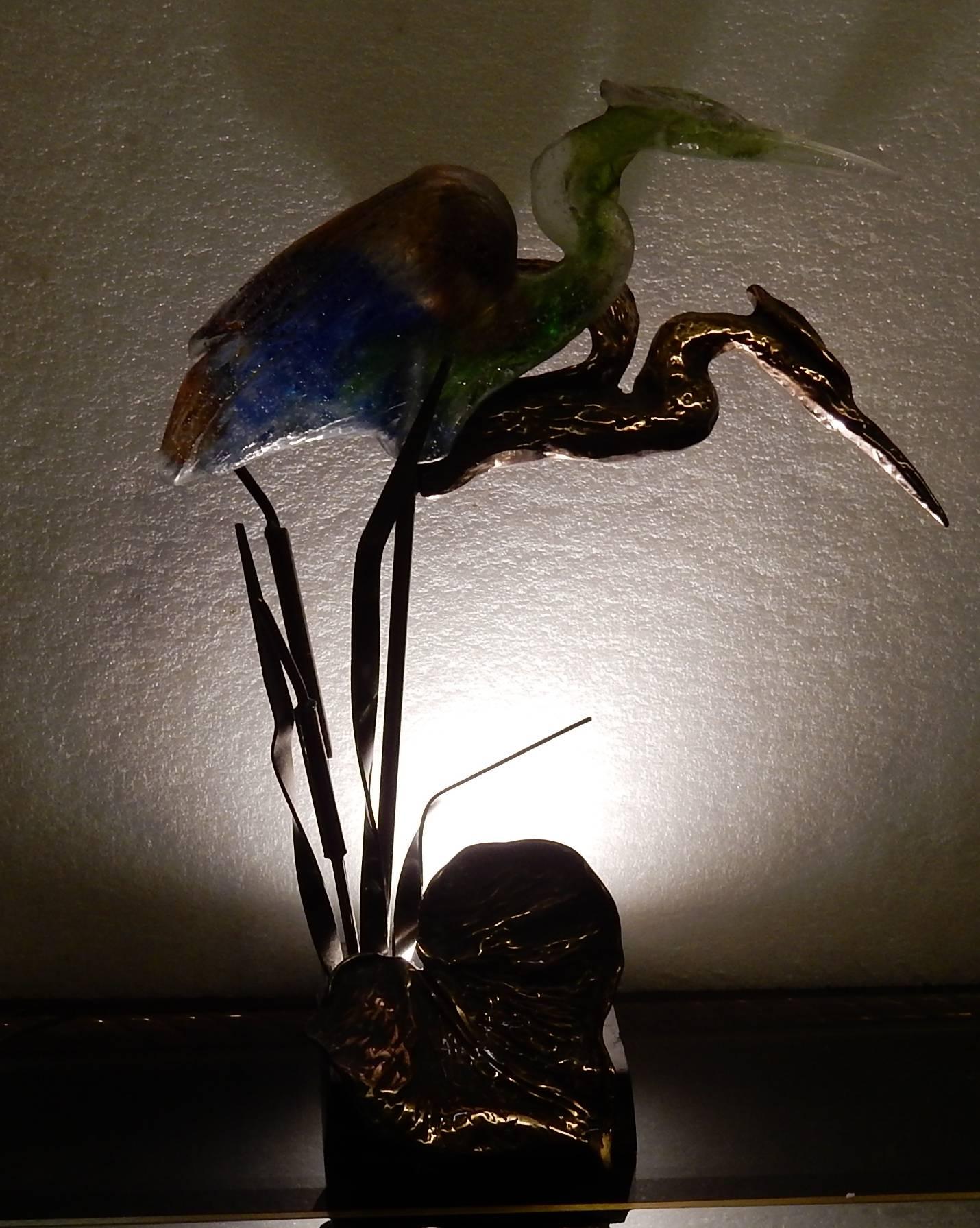 Bronze Heron and Molten Glass, Signed Lohe, 1970-1980 In Good Condition For Sale In Paris, FR