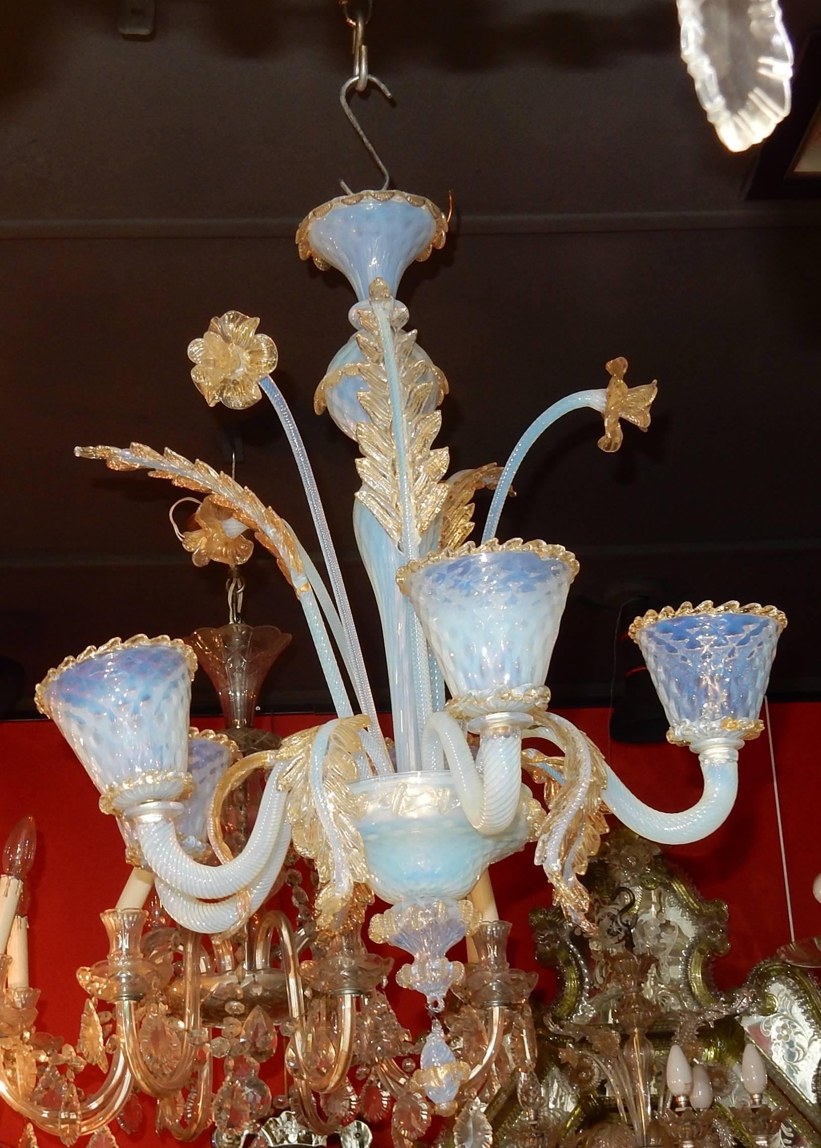 Crystal 1950 Chandelier Murano Blue Opalescent Color with Gold Included, Five Lights