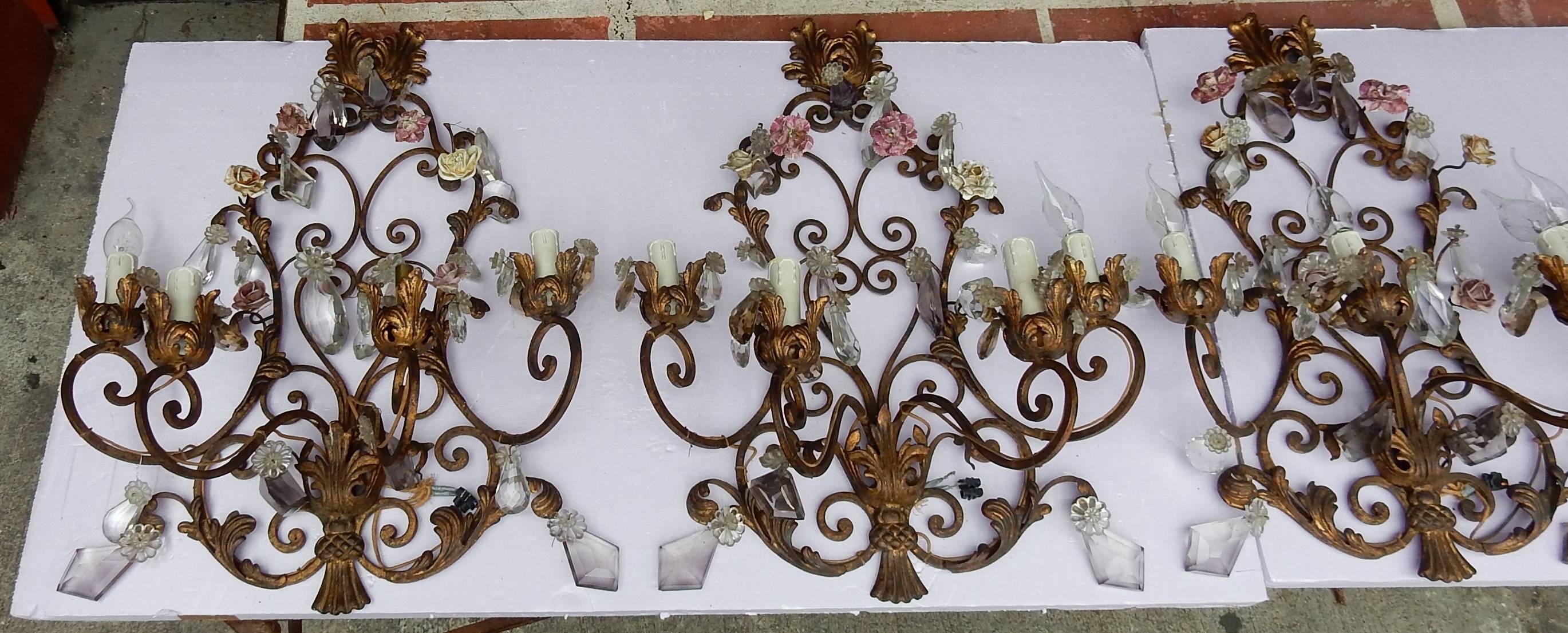 Napoleon III 1900 Series of Four Wall Lamps Has Four Arms of Light N3 with Ceramic Flowers