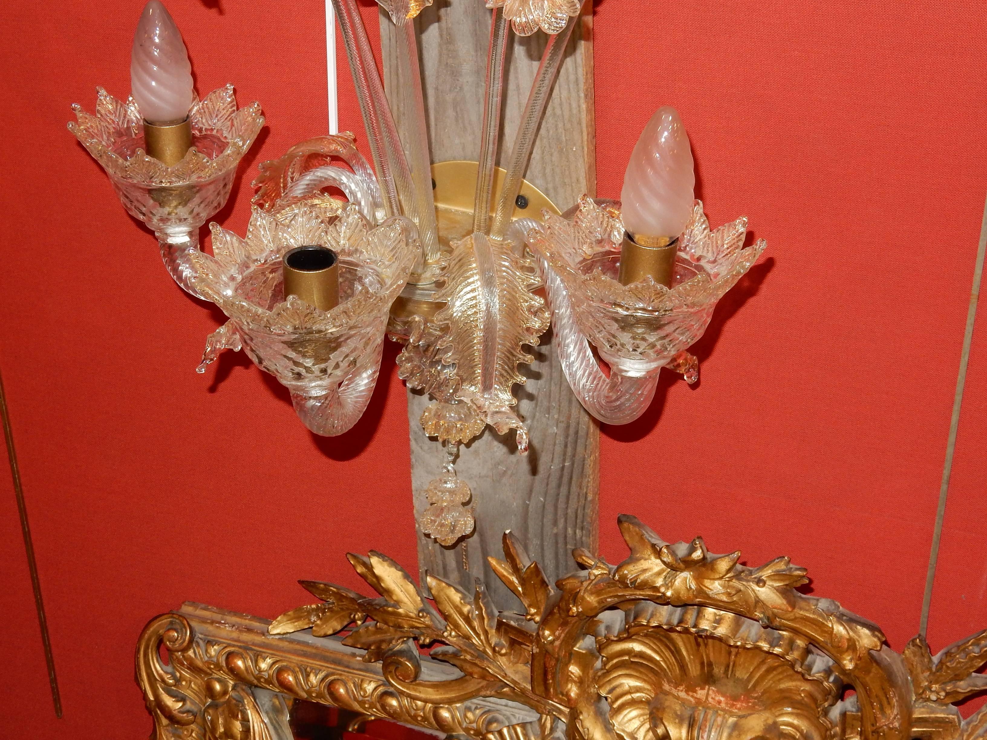 Gilt Three Wall Lamps Has Three Arms of Light, Crystal of Murano, Straws of Gold For Sale
