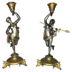 Alfred Daubrée (1817-1885) Coppia di Candelieri Bronzo Argentato e Dorato