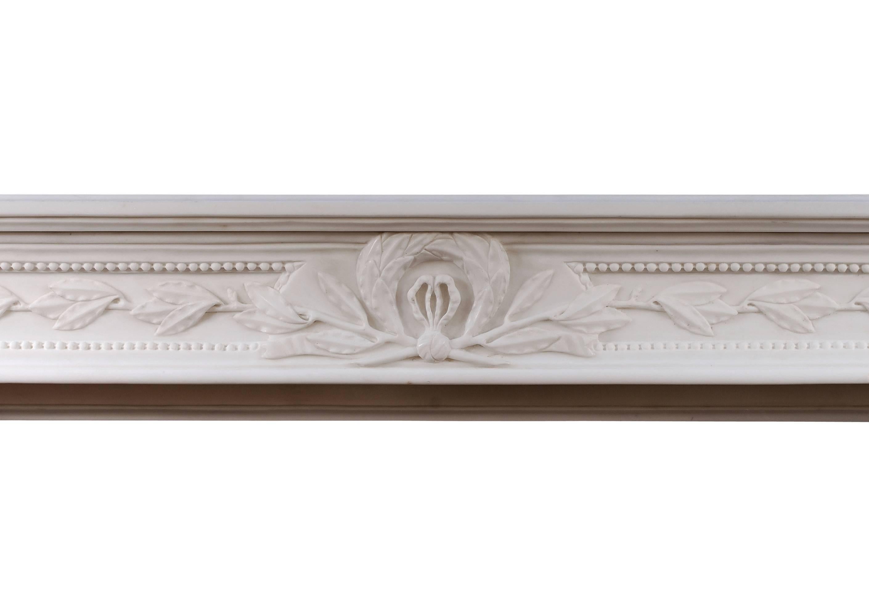 Carved French Louis XVI Style White Marble Fireplace In Good Condition For Sale In London, GB