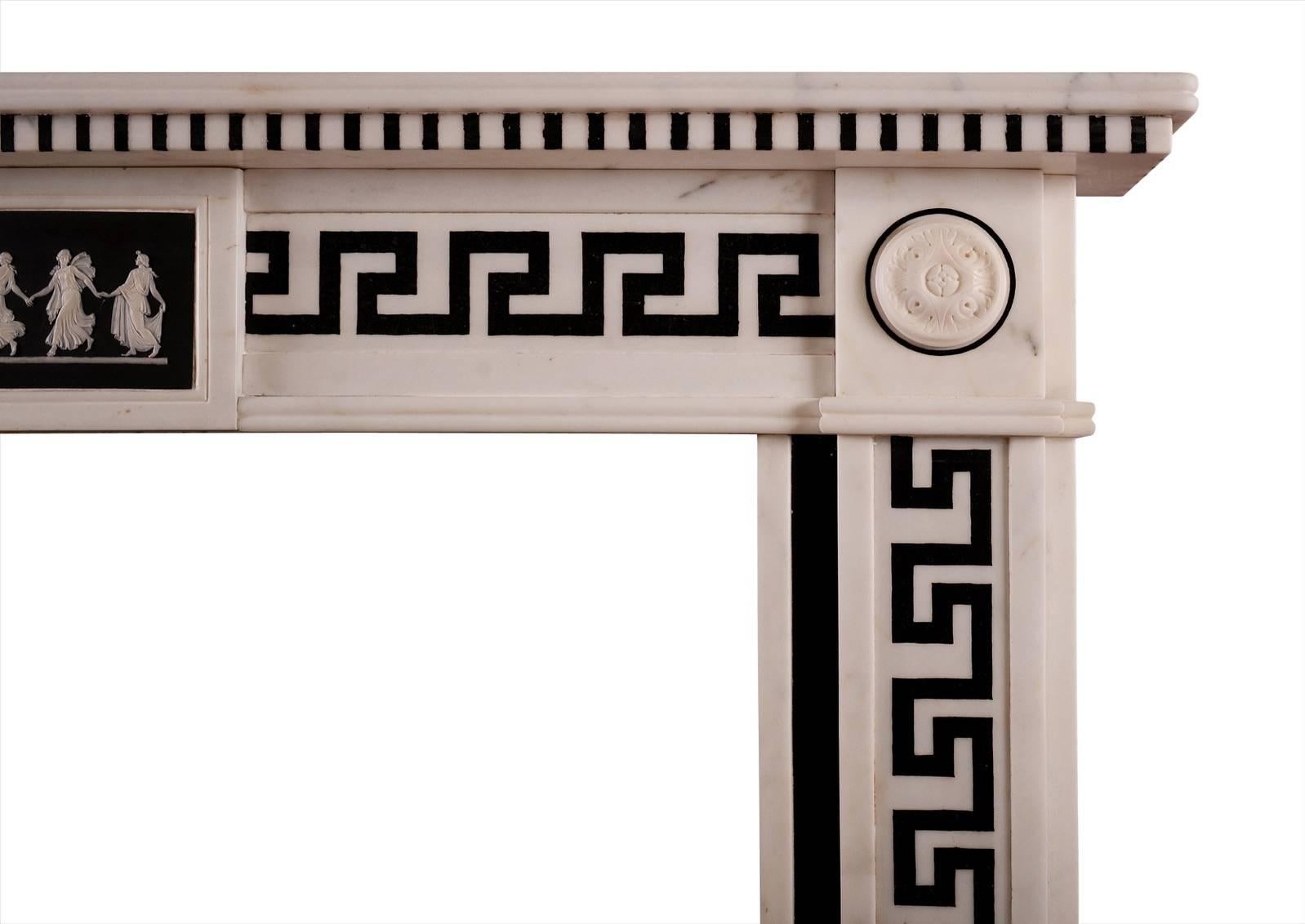 British Regency Style White Marble Fireplace with Black Inlay For Sale