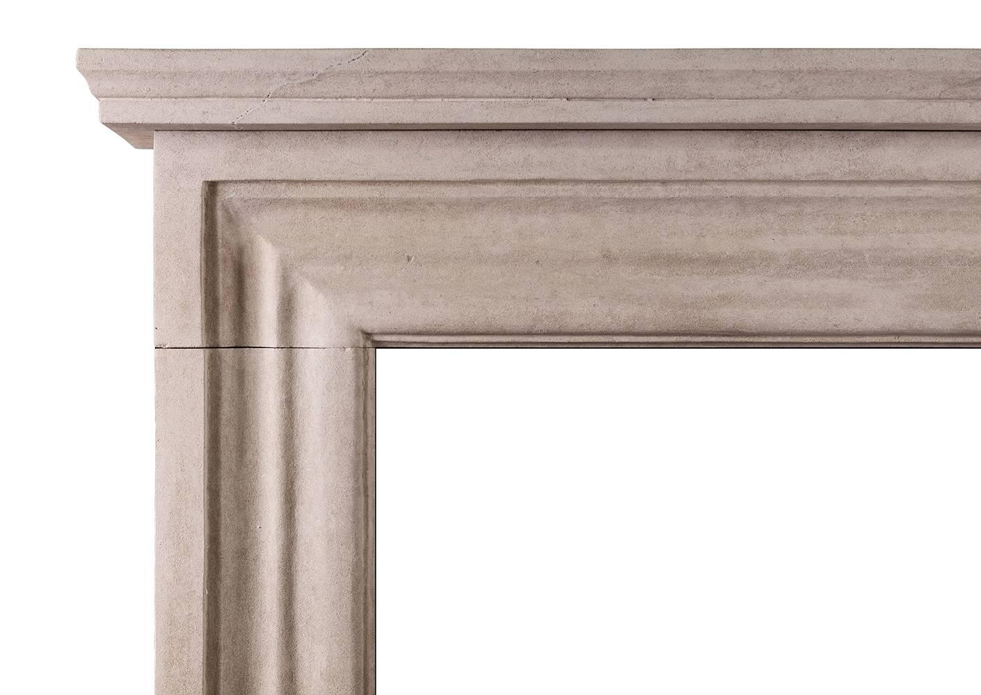 A large and imposing English moulded bolection fireplace in Bath stone. Modelled on a chimneypiece originally housed in the Officer’s mess at Chelsea Barracks, London. Can be made to any size in various materials.

Measures: Shelf width 1965 mm 77