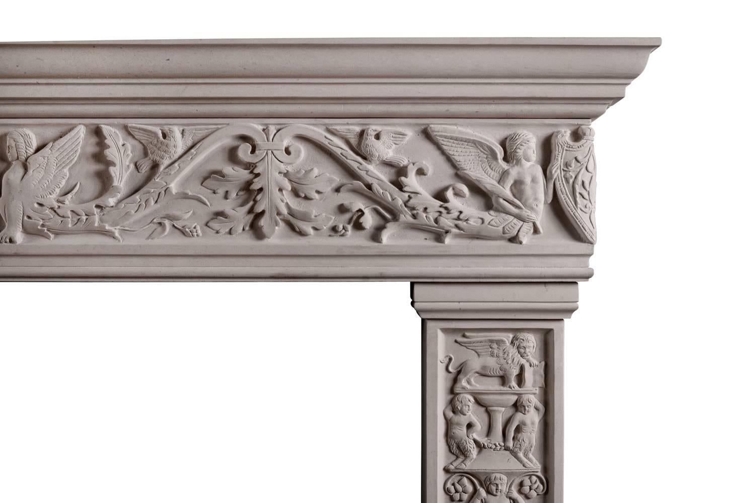 A heavily carved Italian stone fireplace. The frieze with heraldic lion juxtaposed by winged figures, birds and foliage, the jambs with putti, and heraldic figures, urns, stalks and sphynx to base. A copy of an earlier piece.

Shelf width - 1580 mm