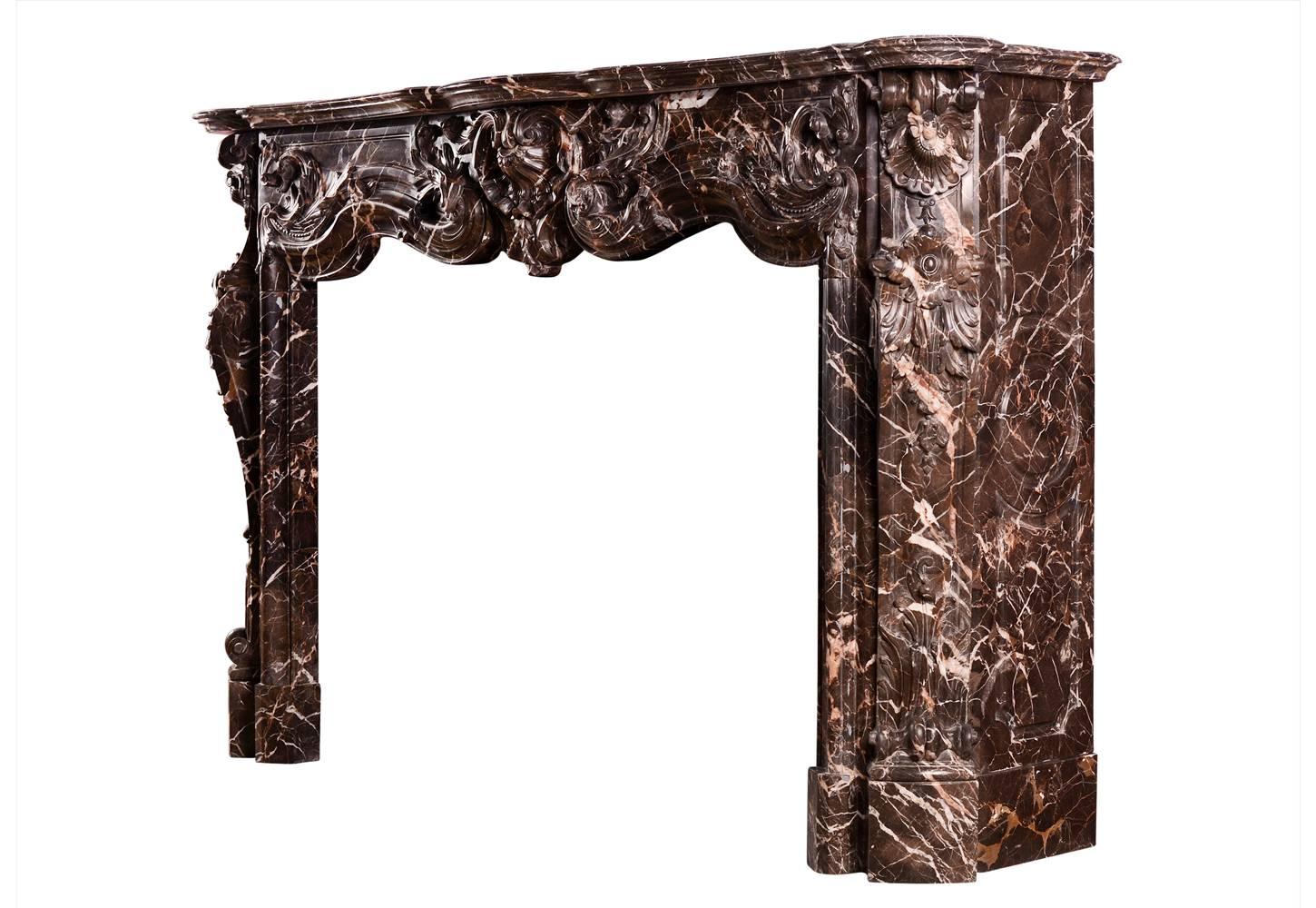 Sumptuous Emperador Louis XV Style Marble Fireplace Mantel For Sale 1