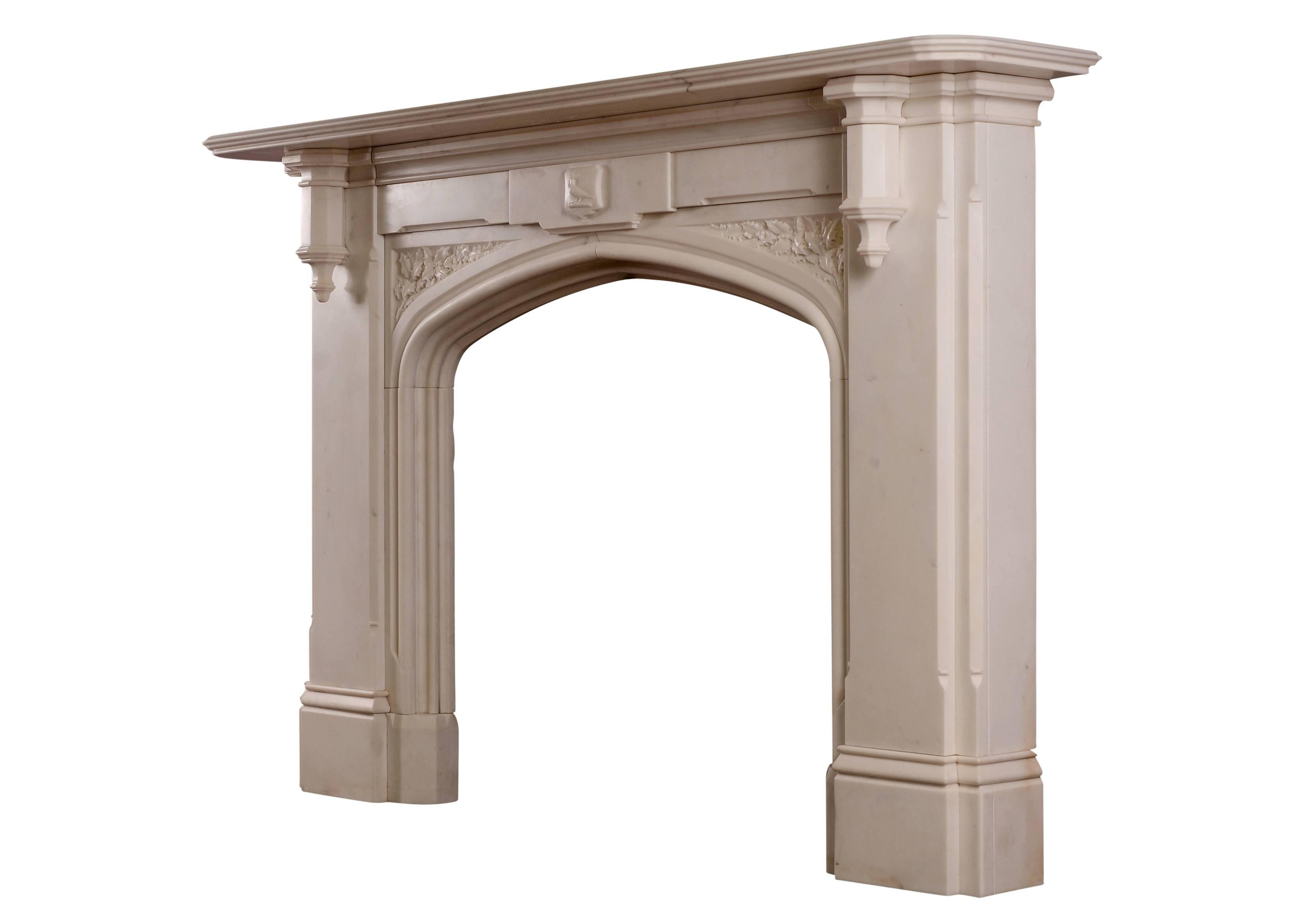 19th Century Fine Gothic Revival Statuary Marble Fireplace Mantel For Sale