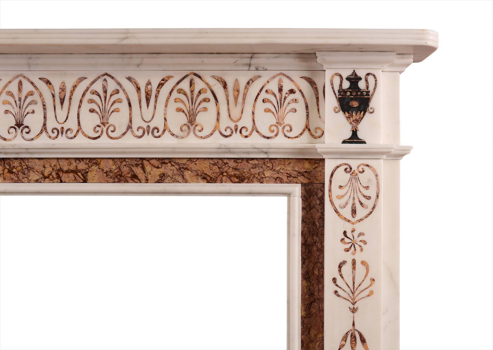 A fine quality English marble fireplace in the manner of Pietro Bossi. Statuary white marble with inlaid Spanish Brocatelle to ingrounds. The jambs with cascading foliage and Anthemion motifs, surmounted by classical urn. The frieze with Anthemion