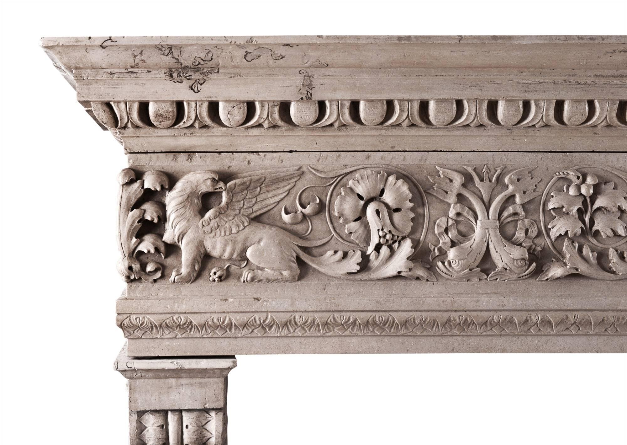 A fantastic quality Italian Renaissance fireplace in Istrian stone. The carved frieze with shield and winged breasts to centre, flanked by finely carved foliage and tridents. The jambs with delicate leafwork, with scrolled capitals surmounted by